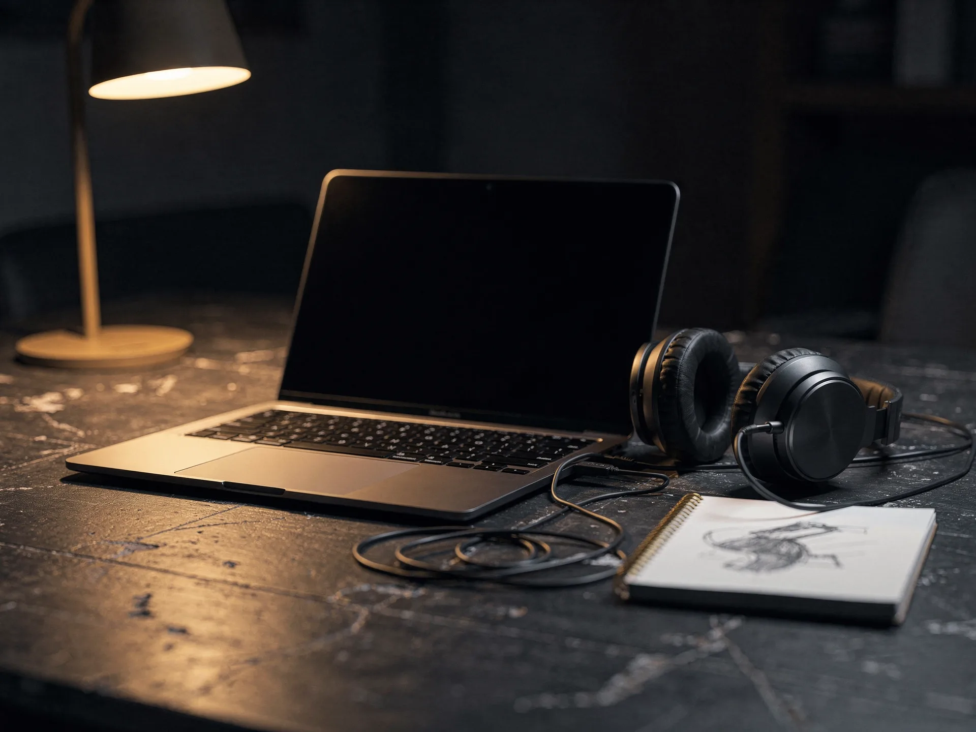 A dark laptop beside black over-ear headphones and a spiral notebook with a pencil sketch on a scarred dark desk under one lamp