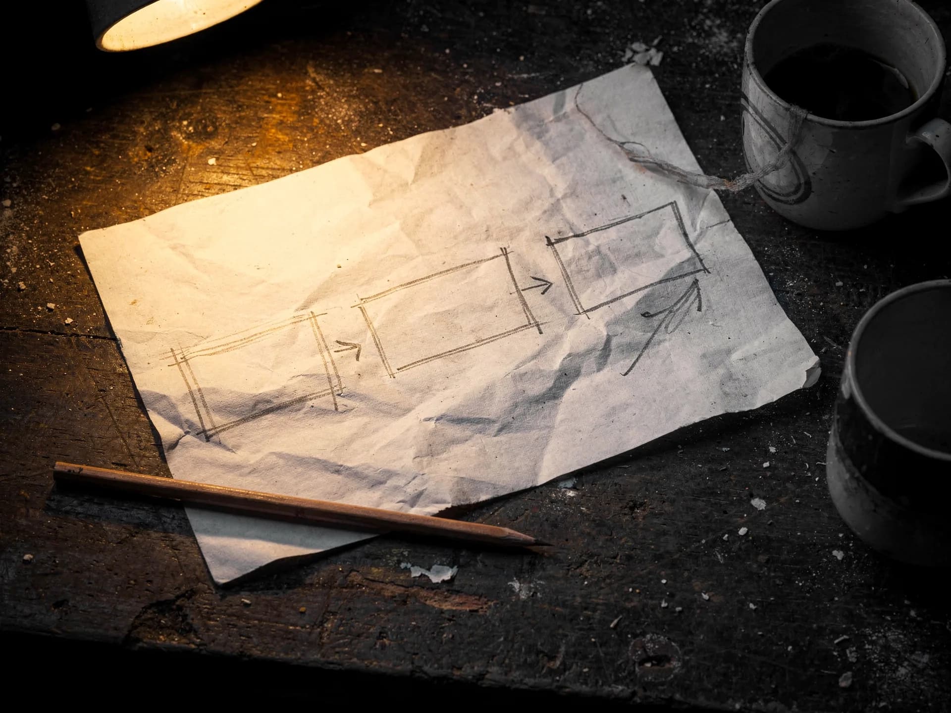 A crumpled sheet of paper with three hand-drawn boxes joined by pencil arrows on a scarred dark workbench beside a pencil and two mugs under a shop lamp