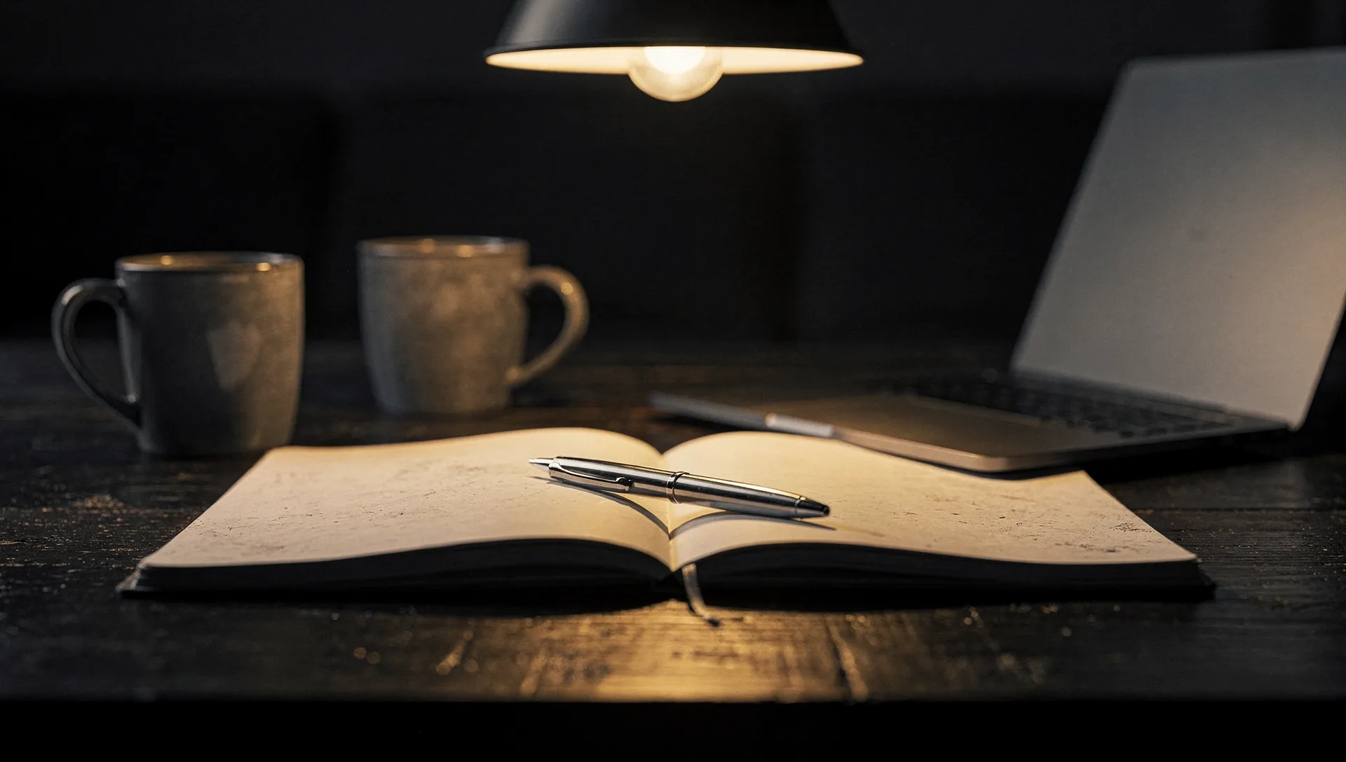 An open blank notebook with a steel pen on a dark wooden table under one hanging lamp, two ceramic mugs and an open laptop behind it