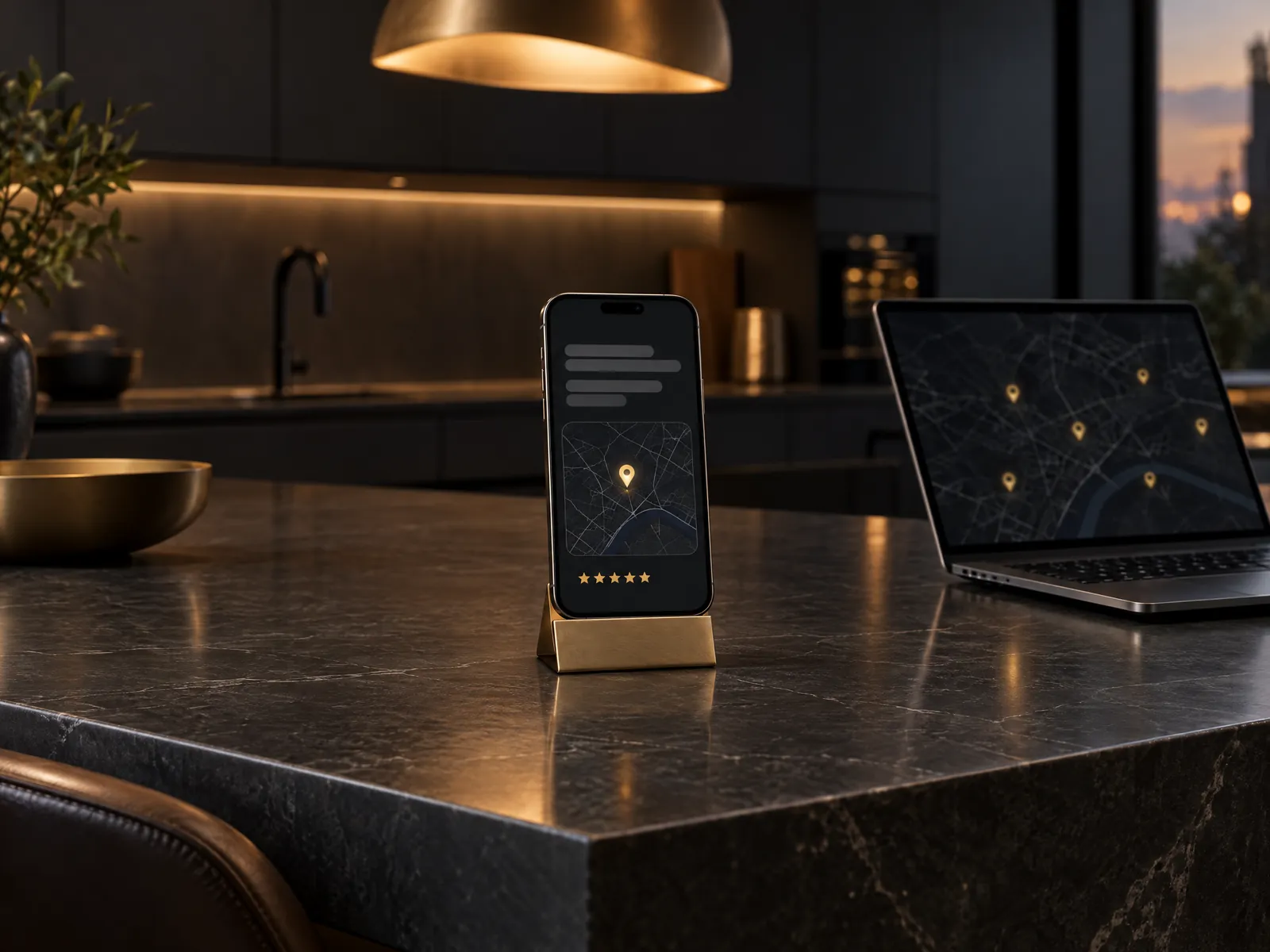 A phone on a brass stand on a black marble island showing an answer card with one gold map pin and five stars, a laptop map with gold pins behind it