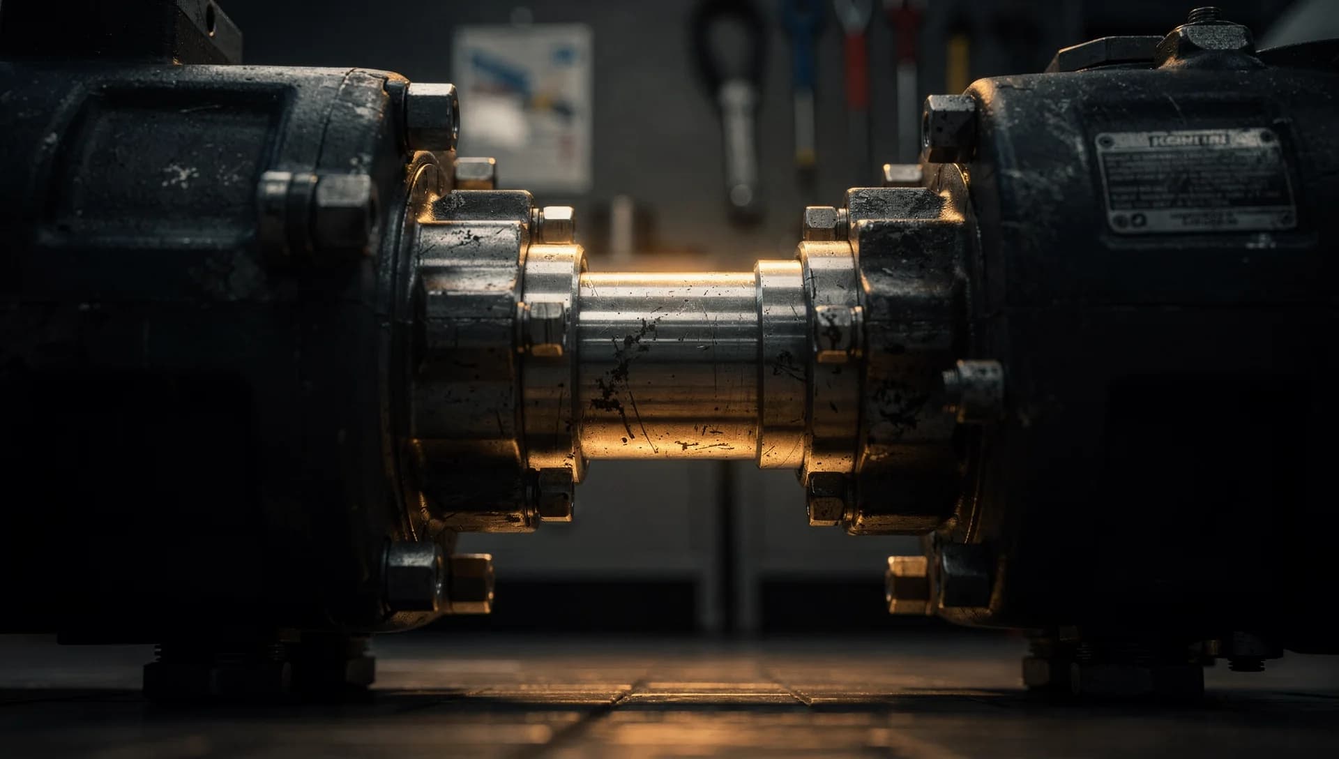 Gold-lit connection joining two pieces of dark machinery