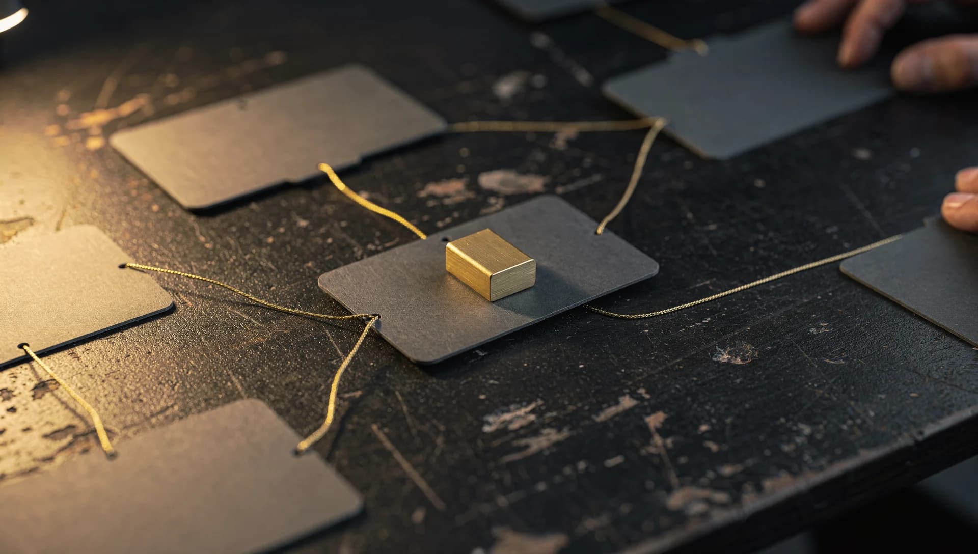 Simple workflow cards connected across a dark desk with a thread of gold light between them