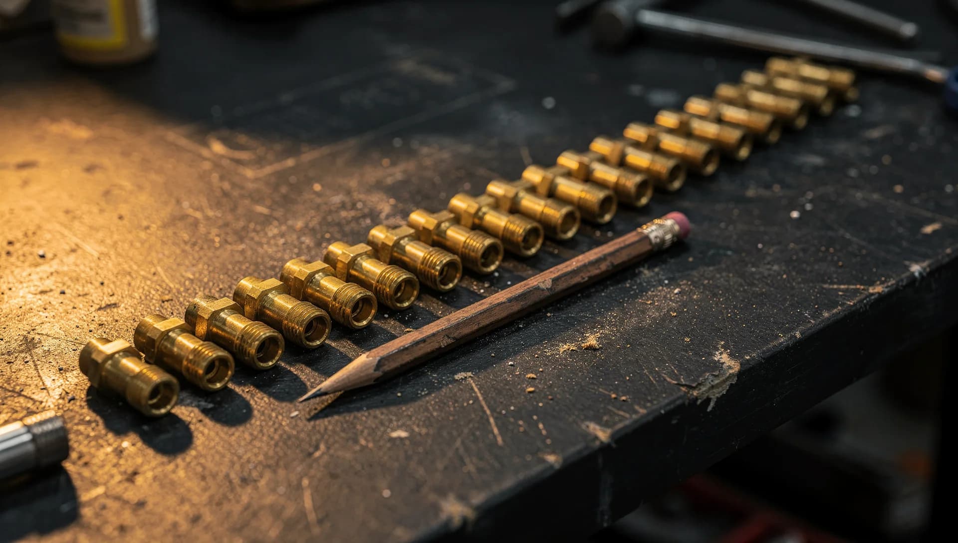 A row of identical brass fittings lined up beside a carpenter pencil on a black workbench