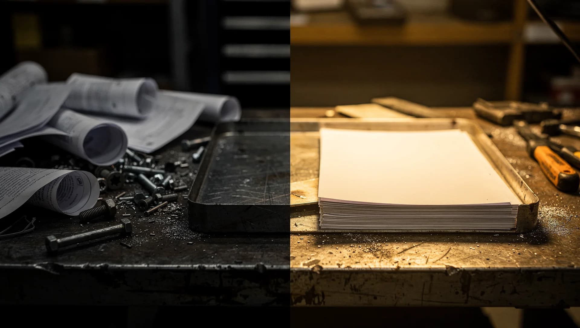 Paperwork moving from a crowded workbench into a clean organized tray