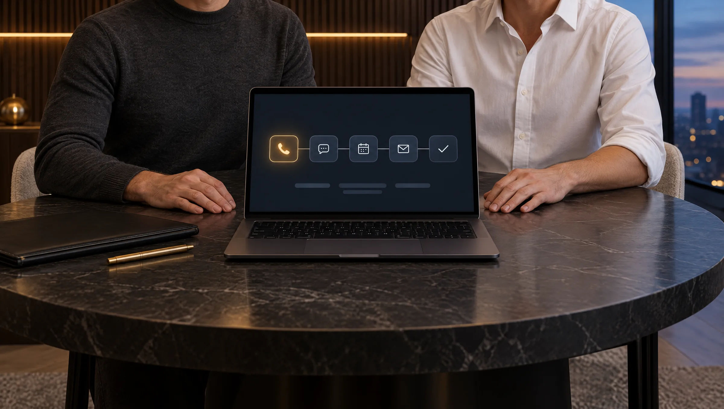 Two people at a round black marble table, framed from the shoulders down, hands resting either side of a laptop that maps a business in five linked steps from a glowing gold phone icon to a check mark, a leather folio and brass pen beside it, a city at dusk through the window