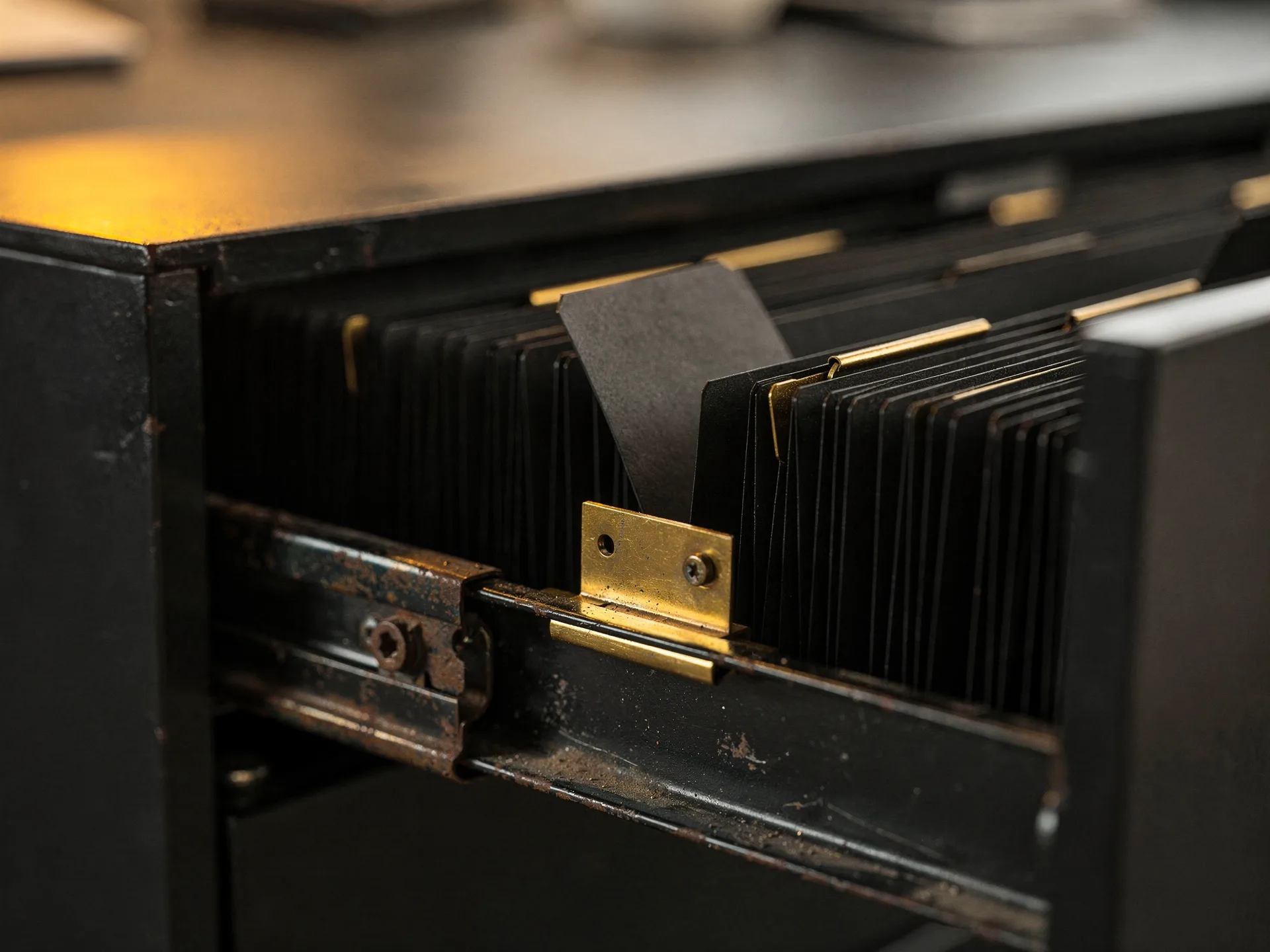 Close-up of an open black filing drawer packed with blank black folders and brass clips, one folder tab lifted above the rest