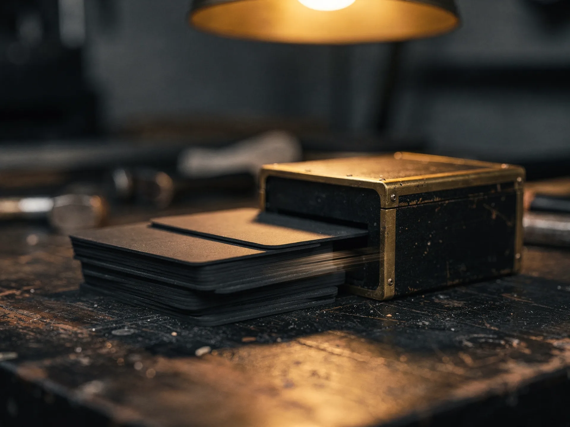 A stack of blank black cards sliding into the slot of a brass-edged black box on a scarred workbench under a brass lamp