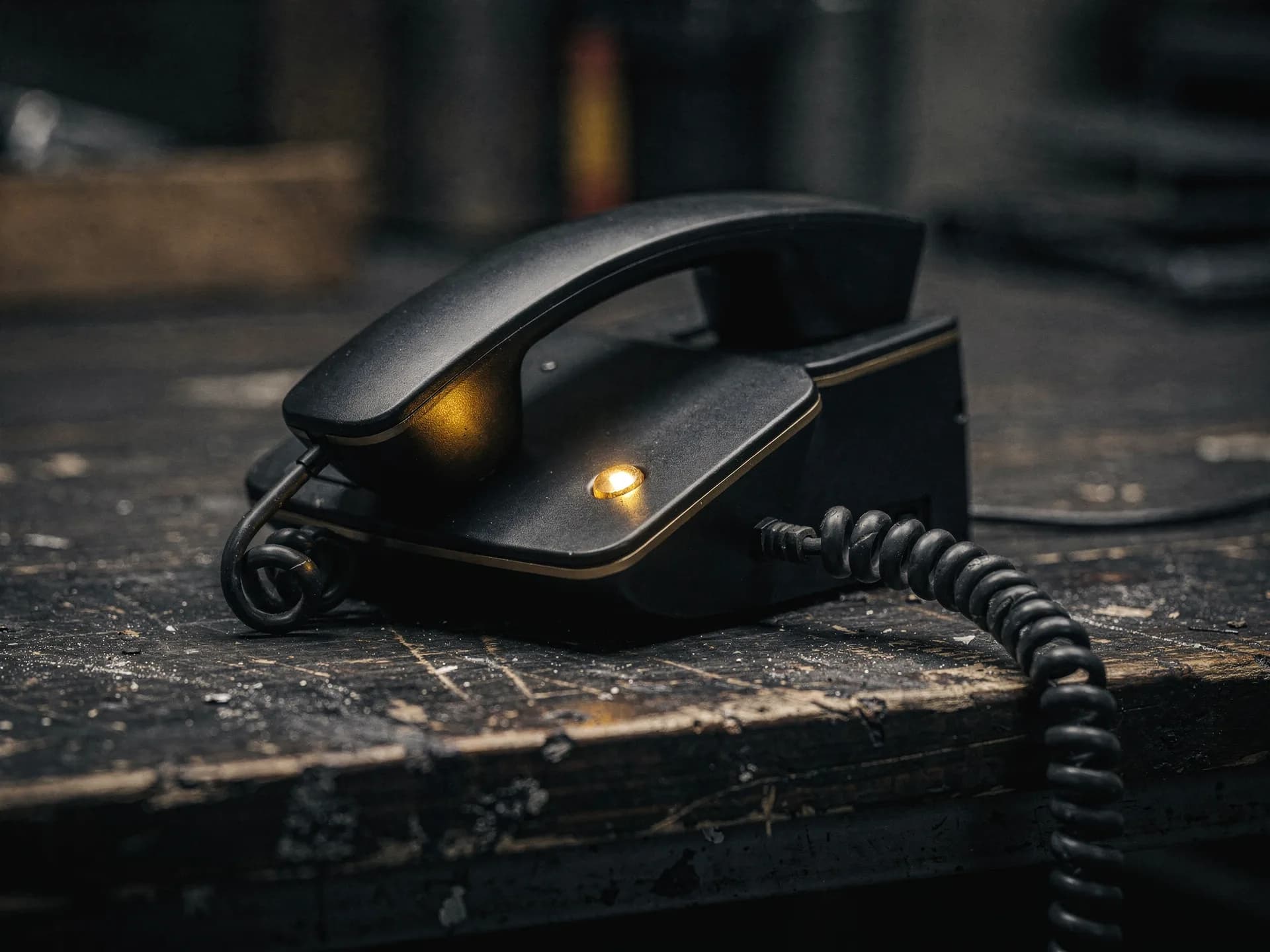 A matte black desk phone on a scuffed wooden bench with one small gold indicator lit and a coiled cord trailing off the edge
