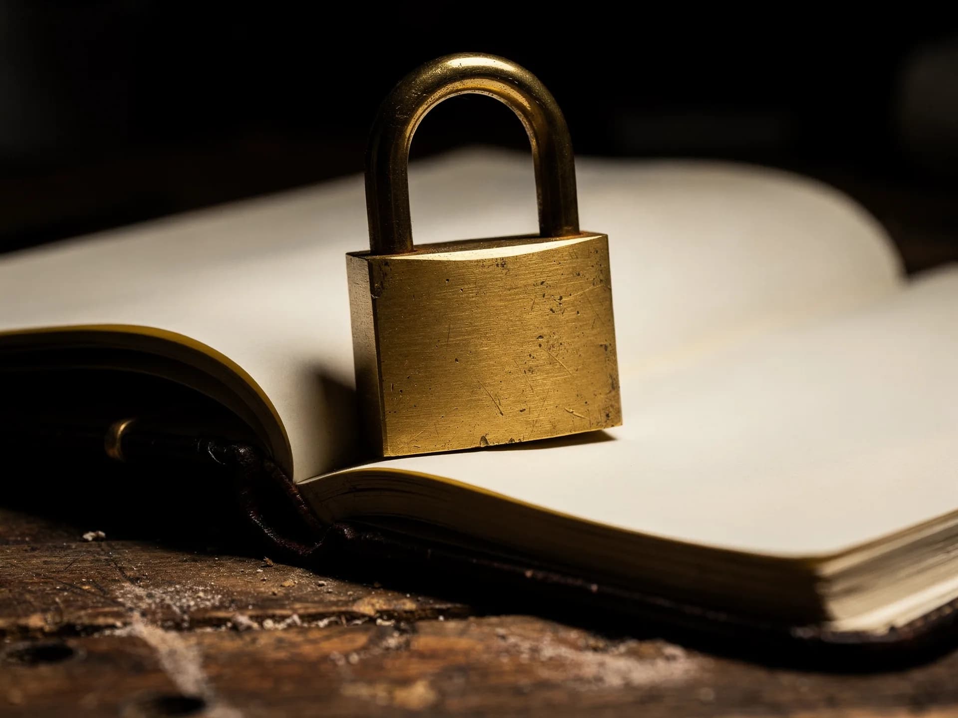 A scratched brass padlock standing on the blank open pages of a leather-bound ledger on a rough wooden bench