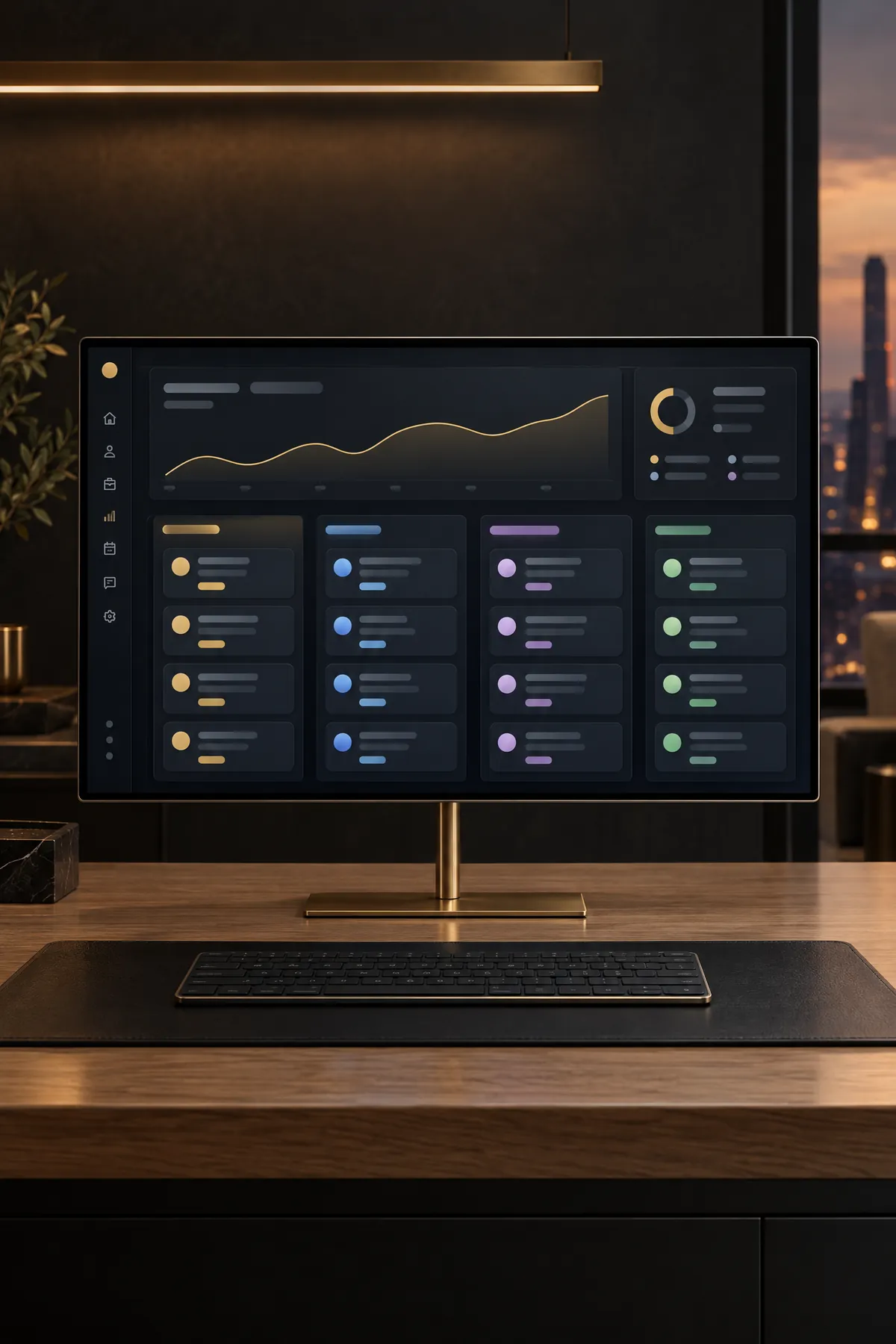 A monitor on a brass stand showing a customer pipeline in four colored columns under a gold revenue line, a city window at dusk behind