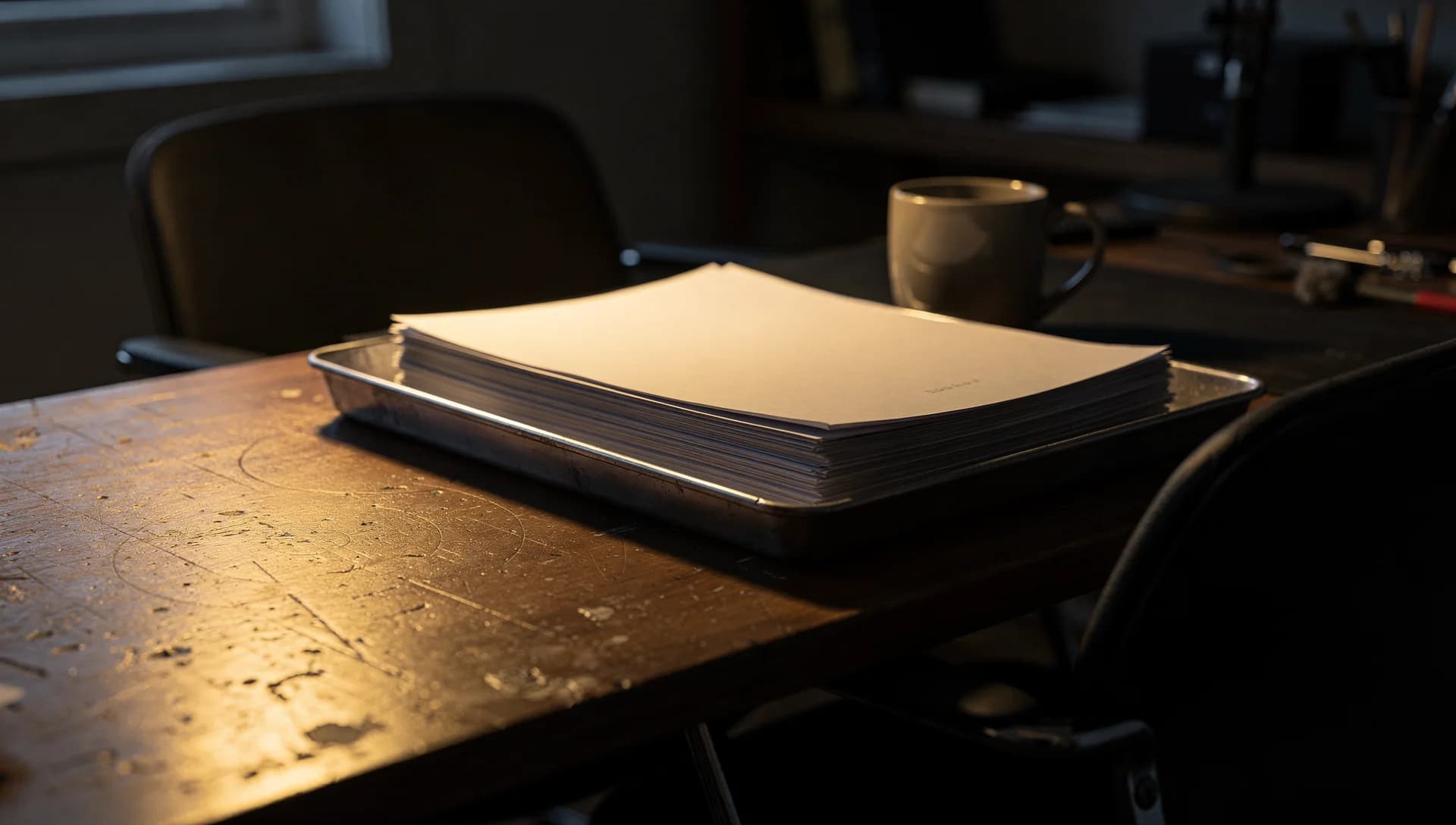 Desk at dusk with an empty coffee mug and paperwork stacked in a done tray