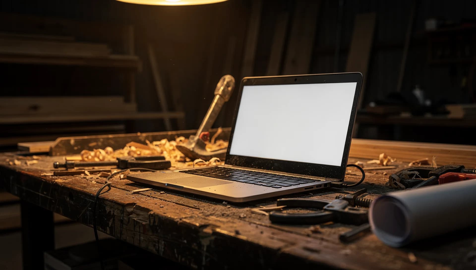 A laptop with a blank glowing screen on a woodshop bench among shavings and tools