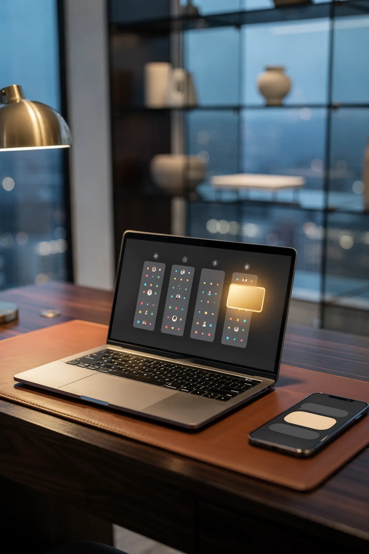 A laptop on a leather desk pad showing a sales pipeline in four columns of contact cards, one card glowing gold as it moves to the last column, a phone with message bubbles beside it and a brass lamp at dusk