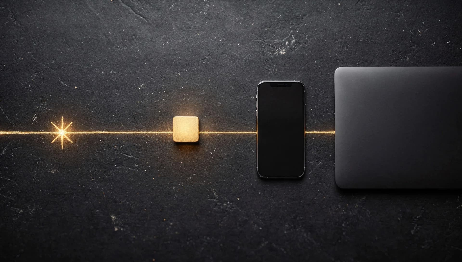 Flat lay of a phone, closed laptop, and glowing gold tile linked by a thread of gold light on dark stone
