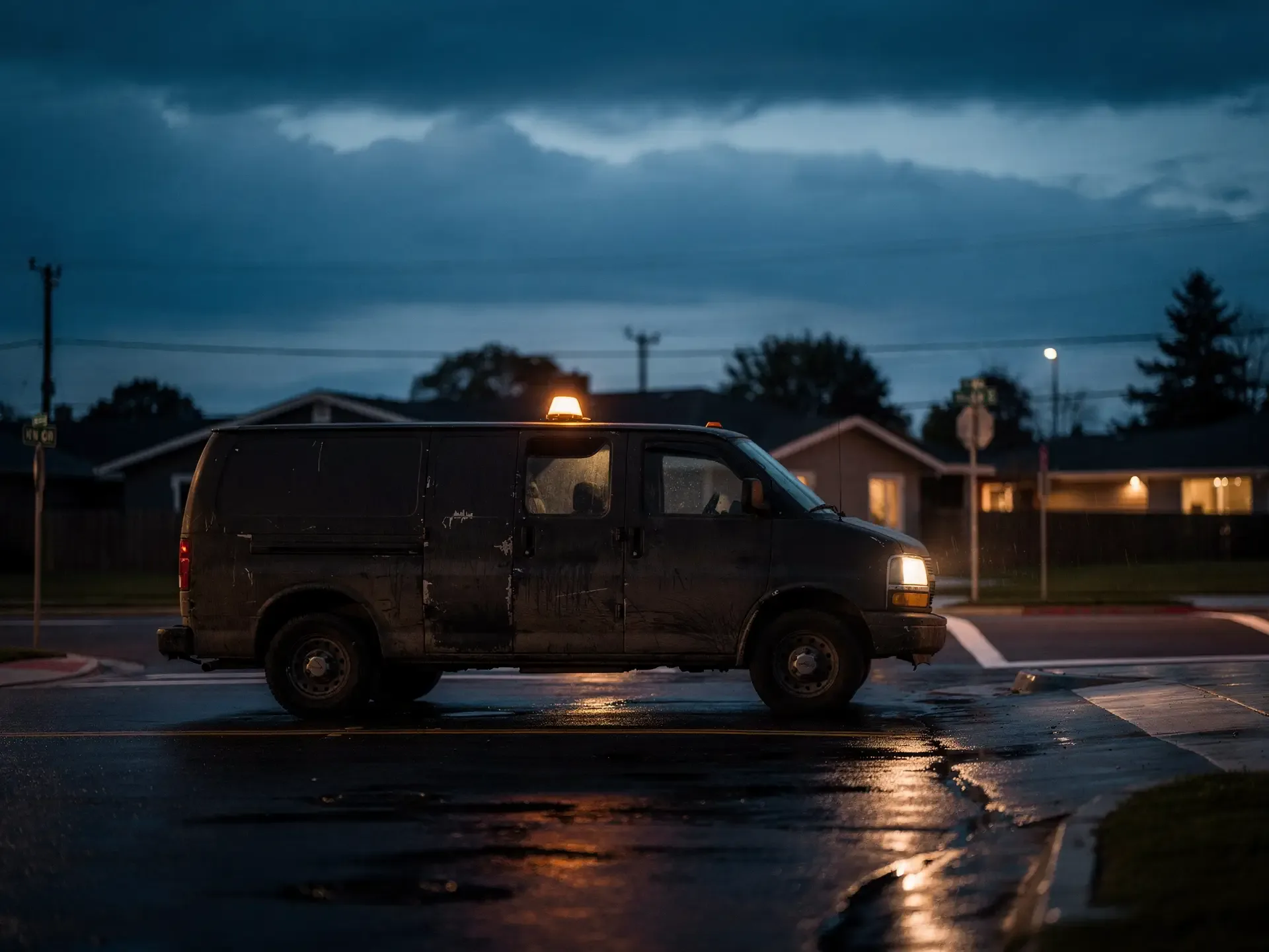 A scuffed dark work van at a wet suburban intersection at dusk with one amber beacon lit on its roof