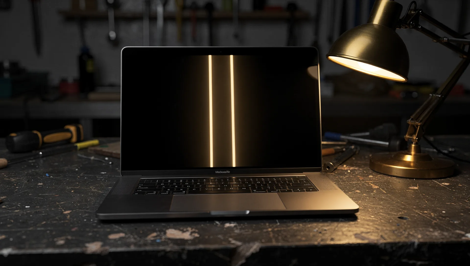 Plain laptop on a dark workbench showing two soft bars of gold light on a black screen, a brass lamp lit beside it and tools blurred behind