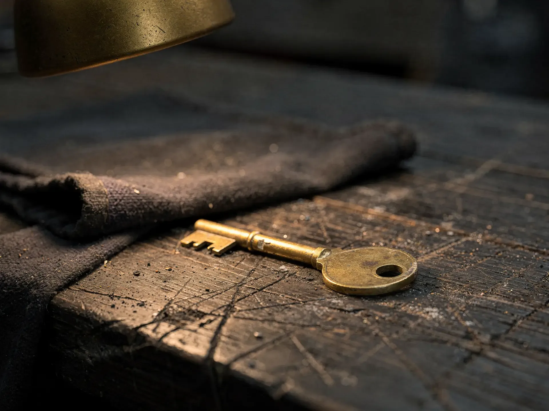 A single brass skeleton key on a scratched dark workbench beside a folded dark shop rag under a brass lamp