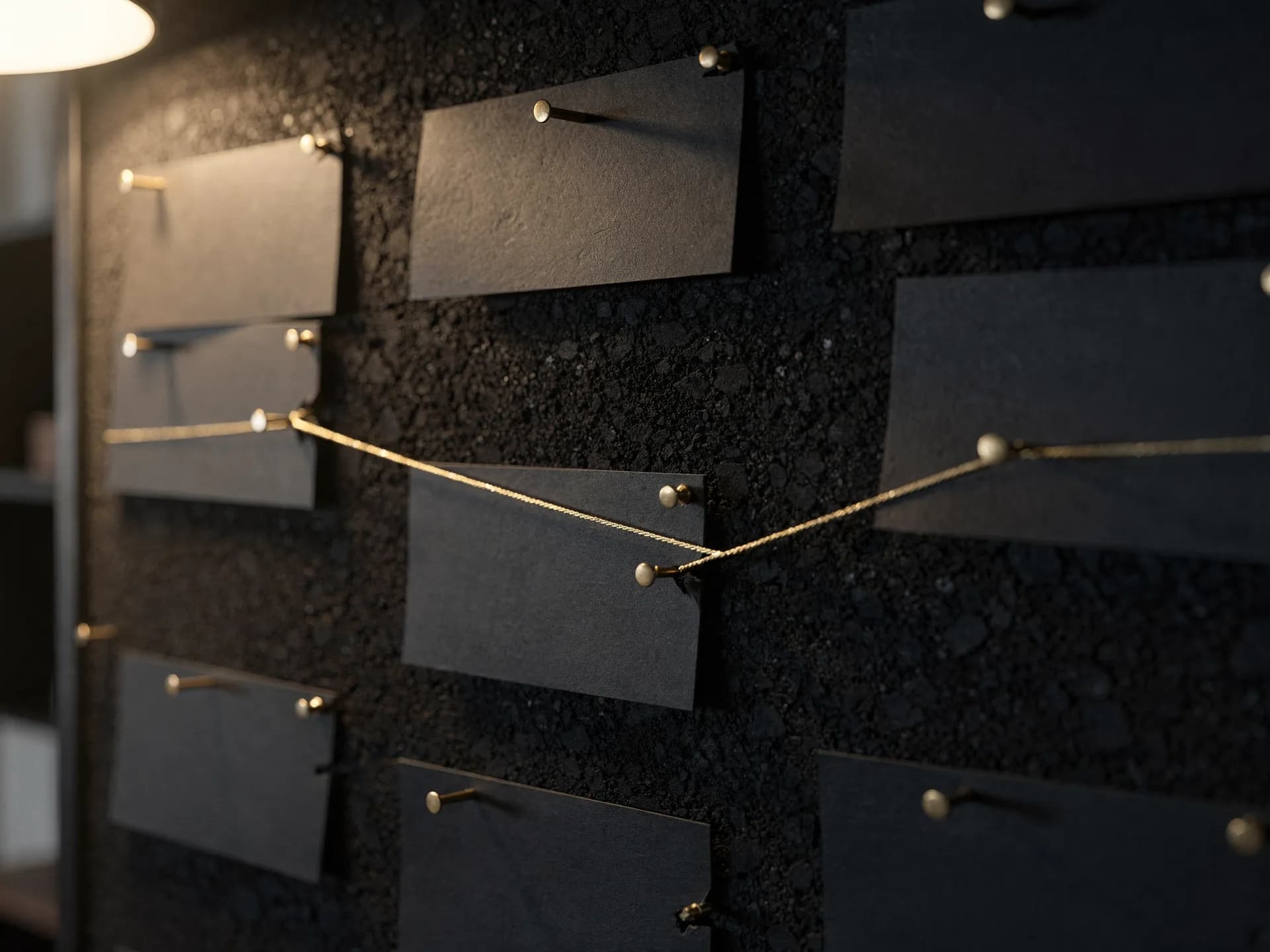 Dark paper cards pinned to a black cork board with brass pins, a gold thread running from one card to the next under a warm lamp