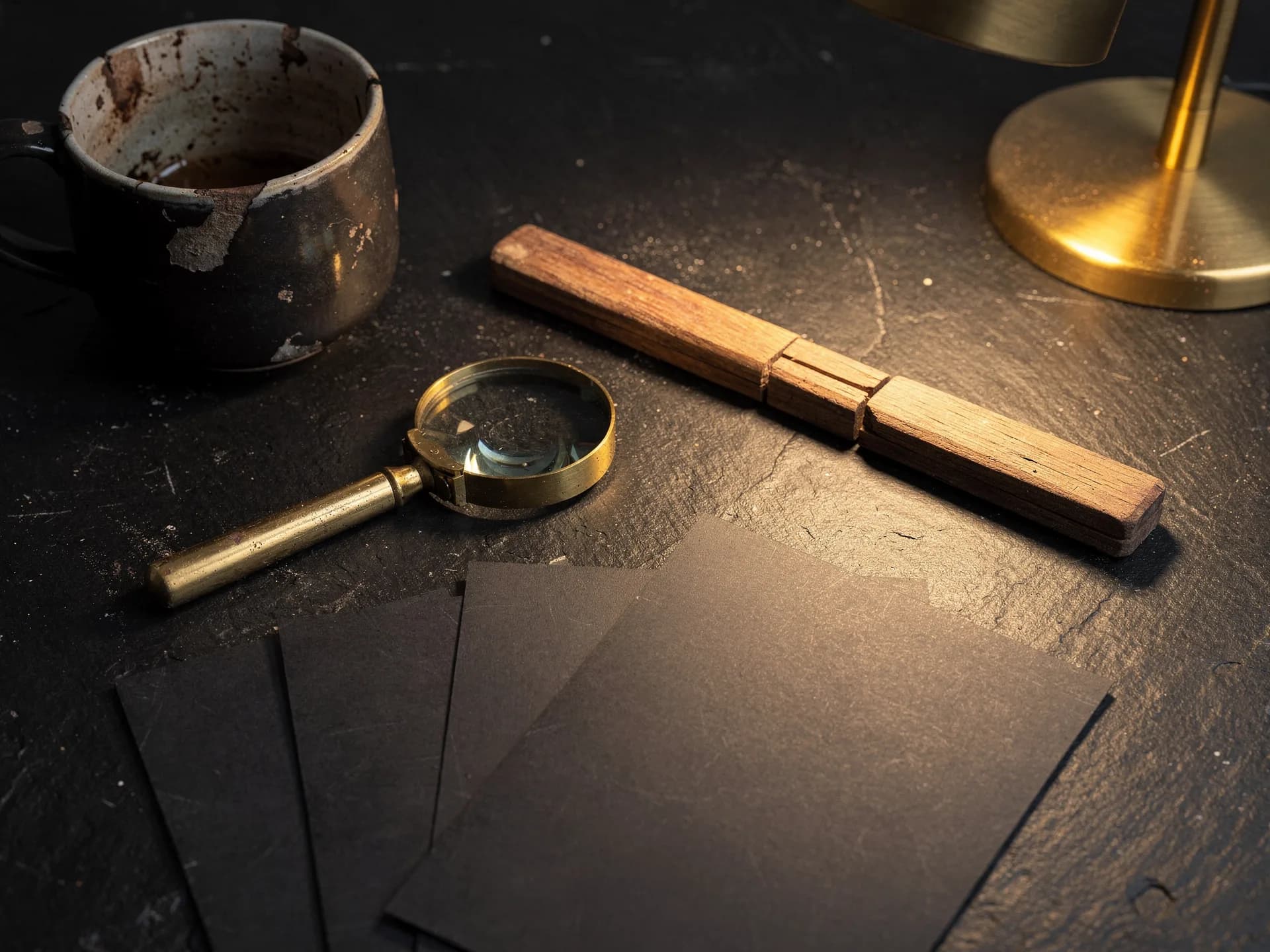 A brass magnifying glass beside a folded wooden rule and fanned sheets of dark paper on a slate bench, with a chipped mug and a brass lamp base behind