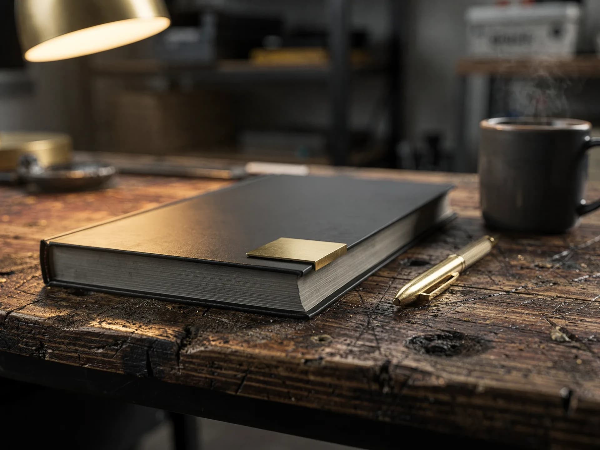 A closed black hardcover report with a brass corner clip beside a brass pen and a steaming mug on a scarred wooden workbench under a lamp