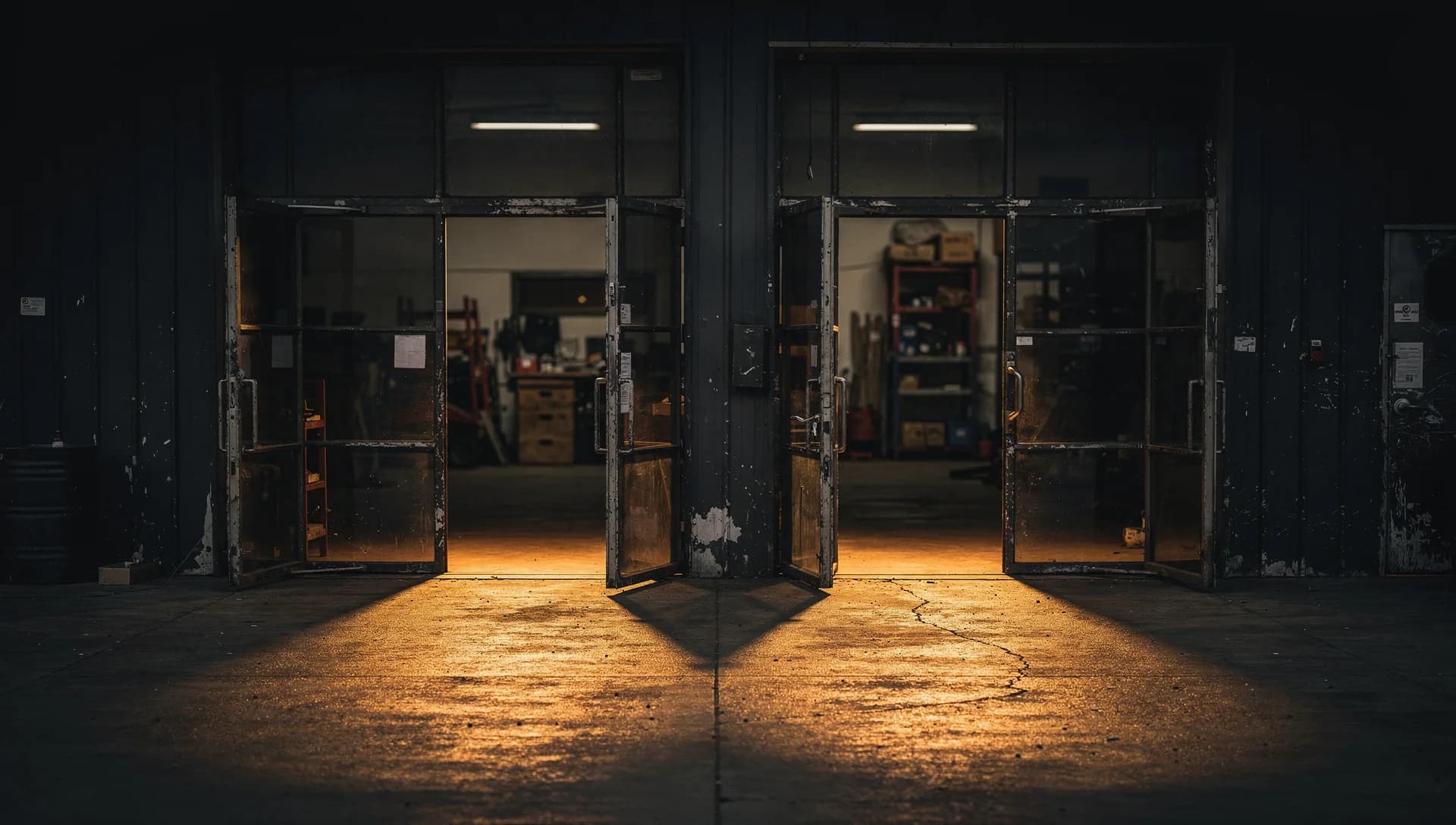 Two open glass shop doors spilling warm light onto dark concrete at night
