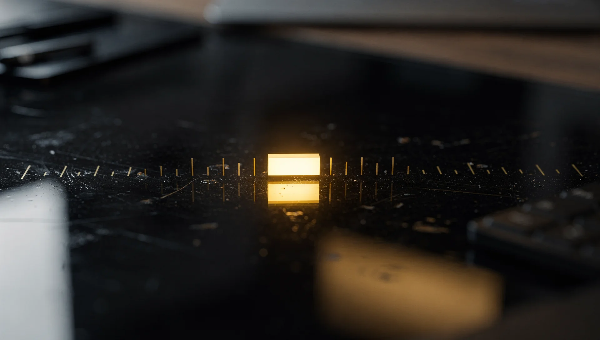 One glowing gold block among a row of tiny gold tick posts on a dark reflective surface