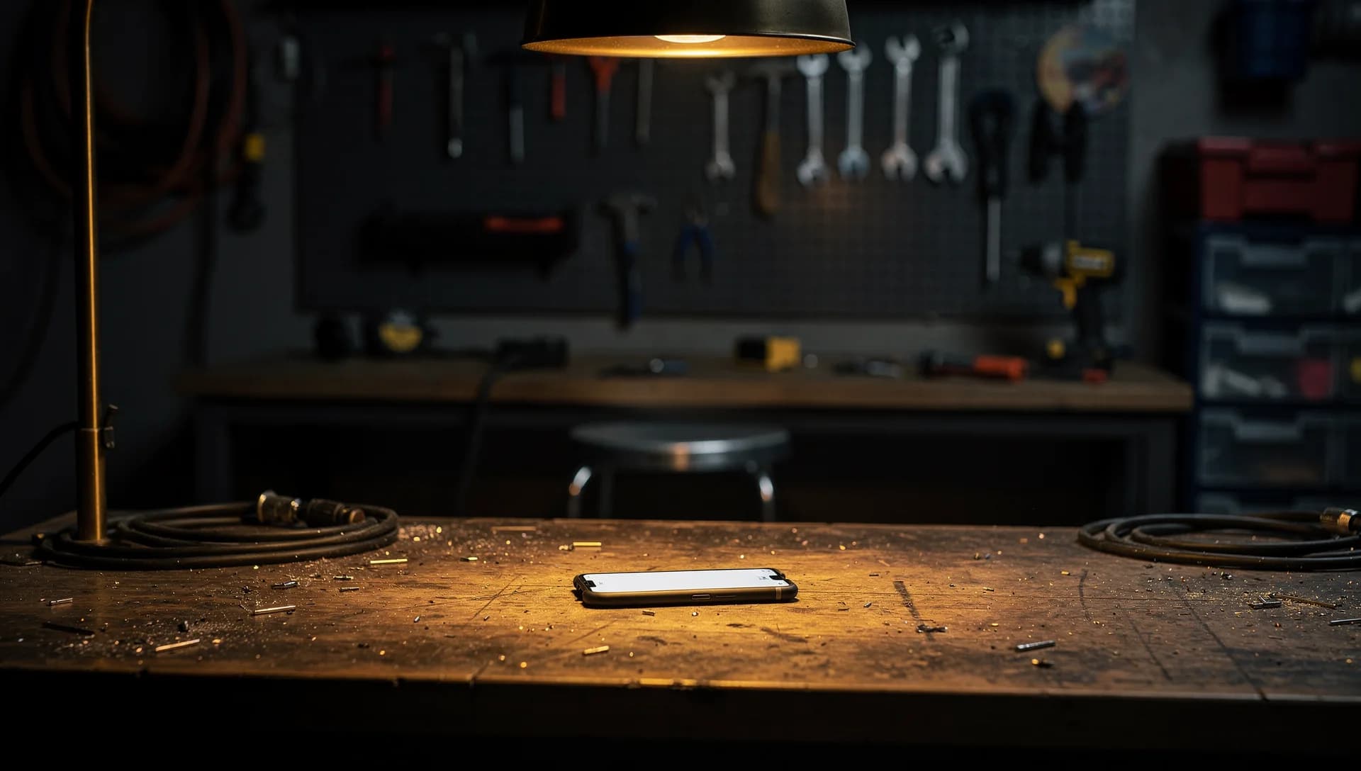 Service phone ringing on a workshop bench at night
