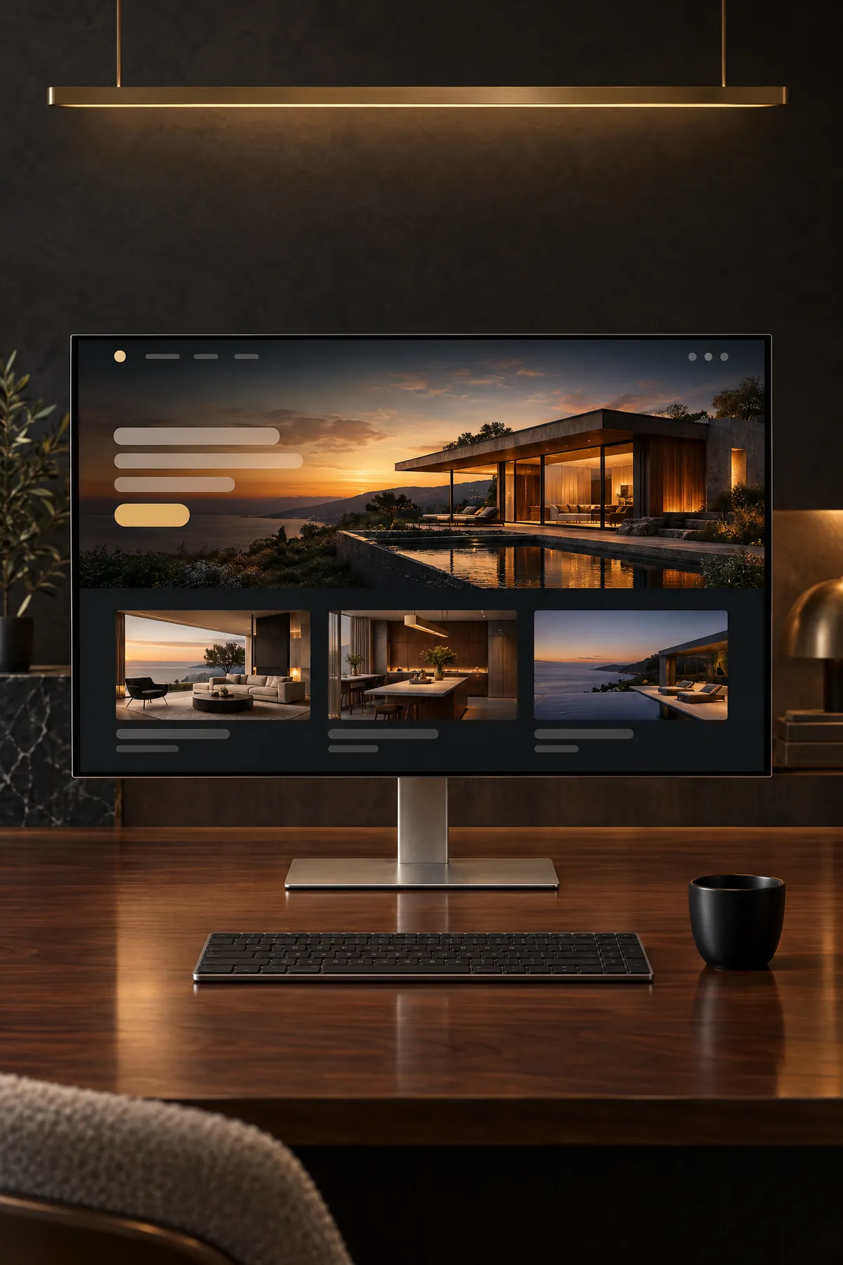 A wide monitor on a walnut desk showing a dark website for a modern luxury home, with a gold button and three photo cards, under a brass light line