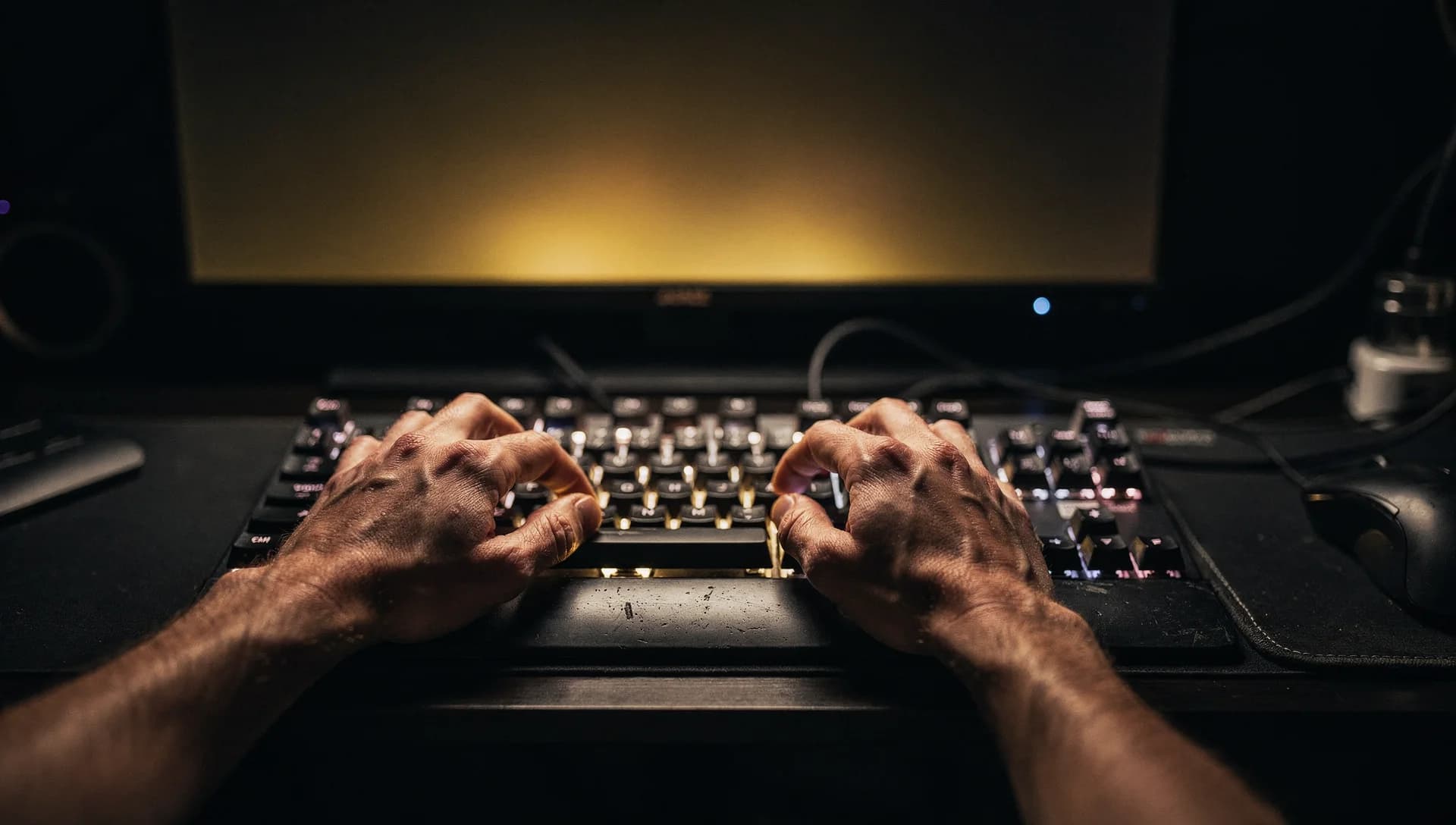 Hands typing on a backlit keyboard before a dark monitor glowing warm gold
