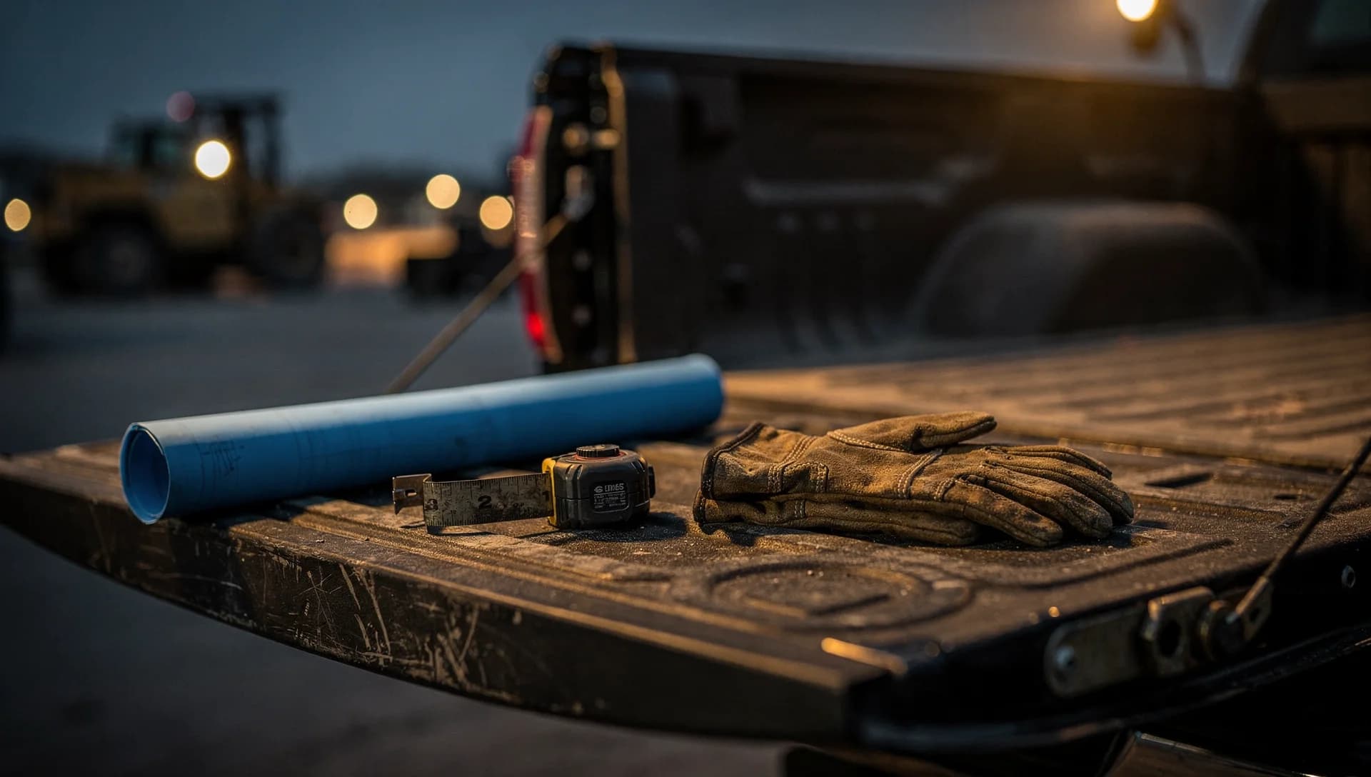 Rolled blueprints, a tape measure, and leather gloves on a truck tailgate at dusk