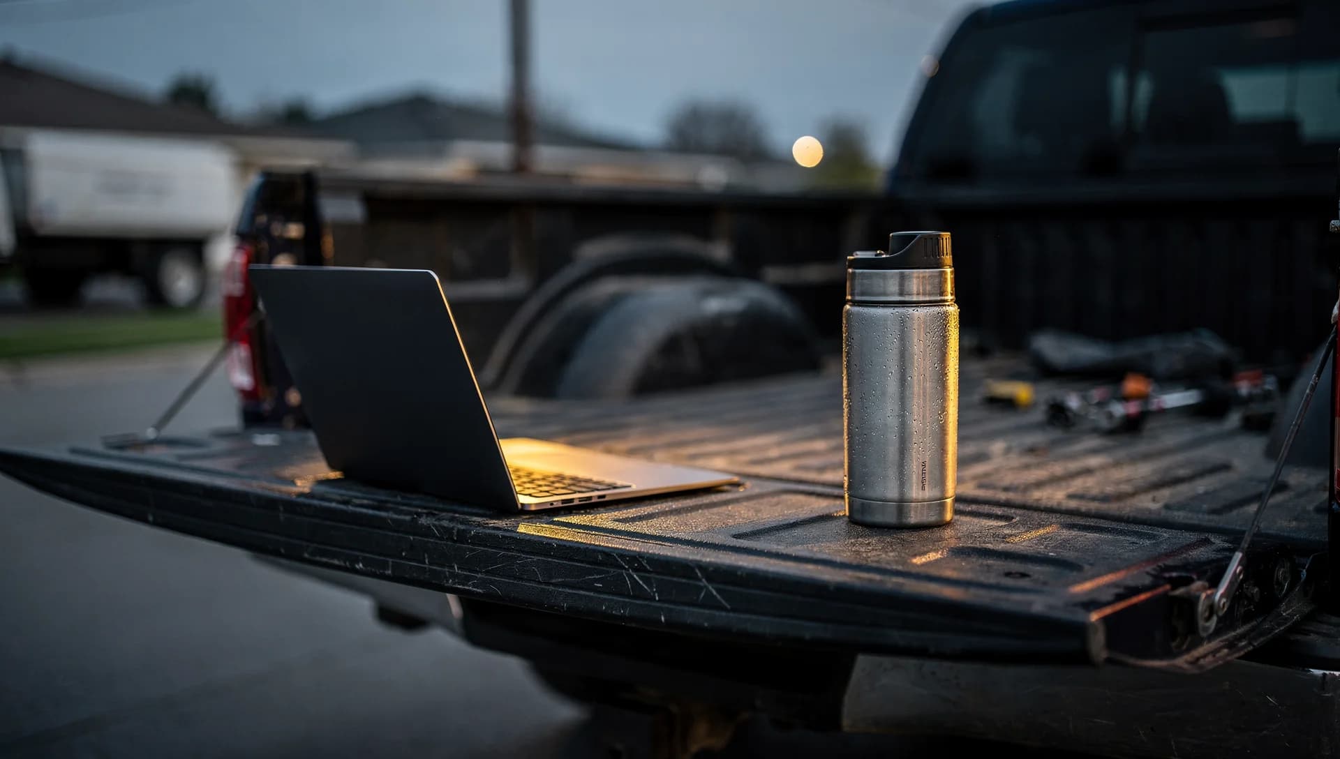 An open laptop and a steel thermos on a truck tailgate at dusk