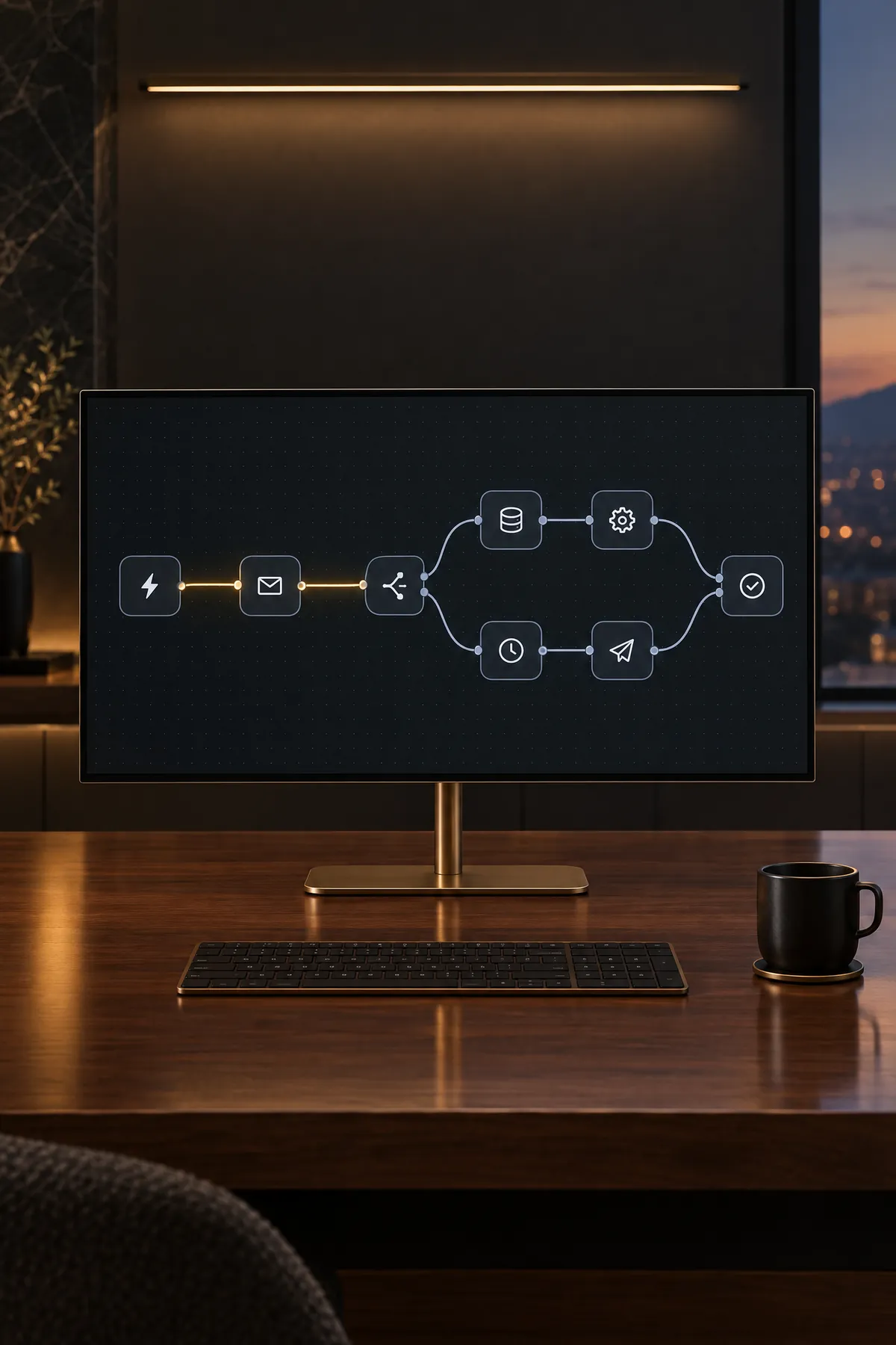 A monitor on a walnut desk showing a node workflow: a lightning trigger, an email step, a split into two branches that rejoin at a check mark, one connector glowing gold