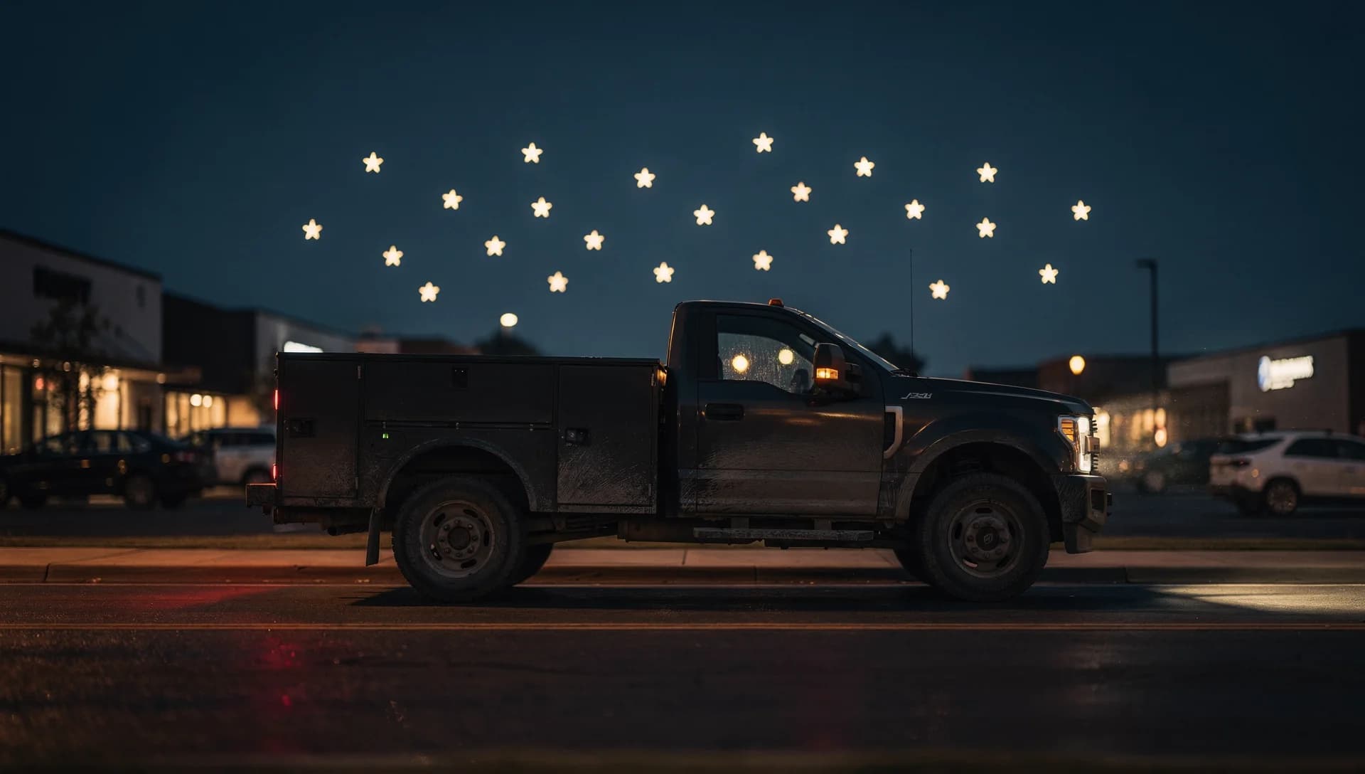 Service truck at dusk with warm star-shaped lights above it