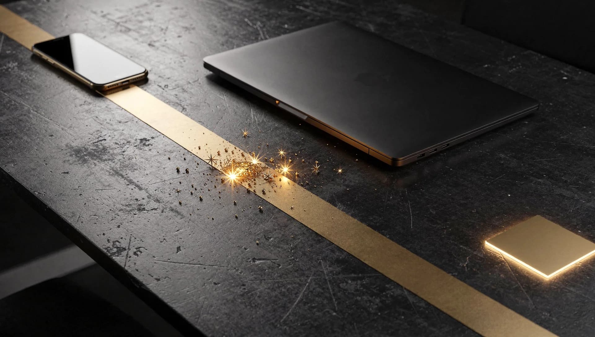 A gold band tracing across a black desk from a phone past a closed laptop to a glowing gold square