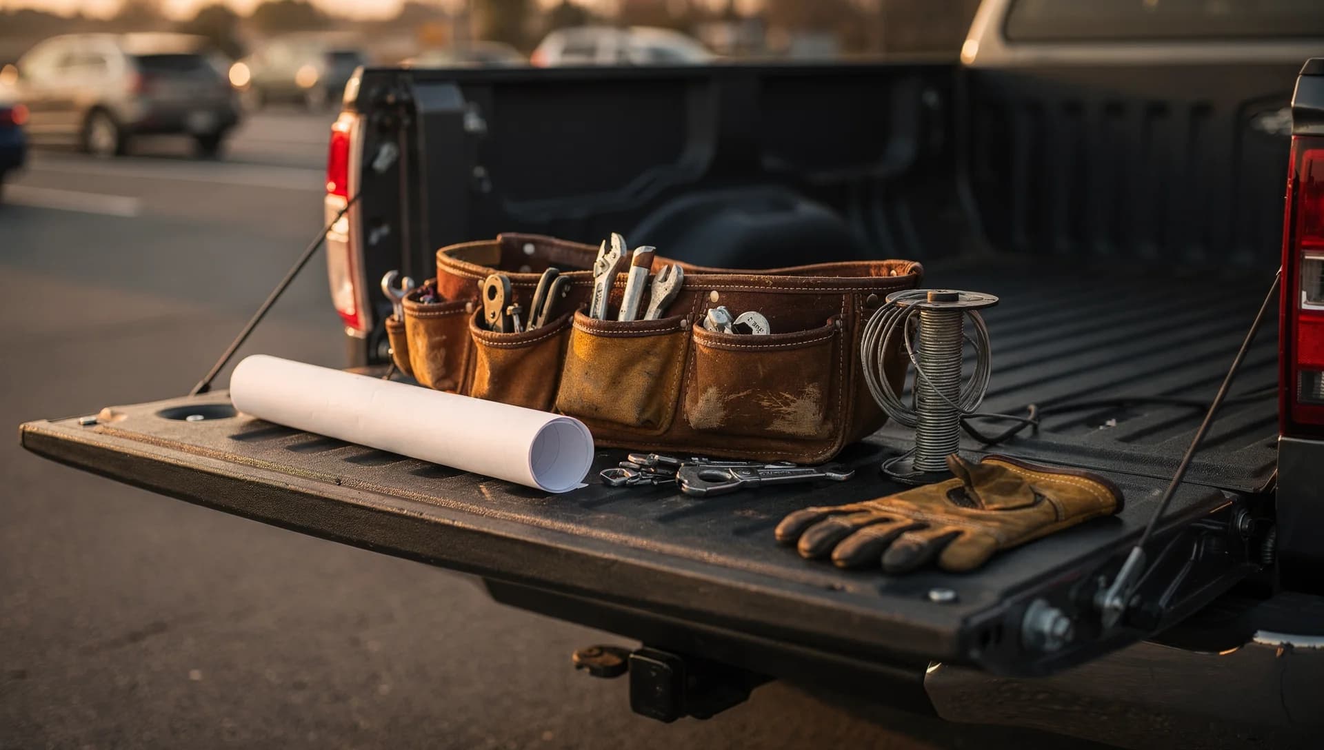 Rolled plans, a leather tool belt, wire spool, and work gloves laid out on a truck tailgate at dawn