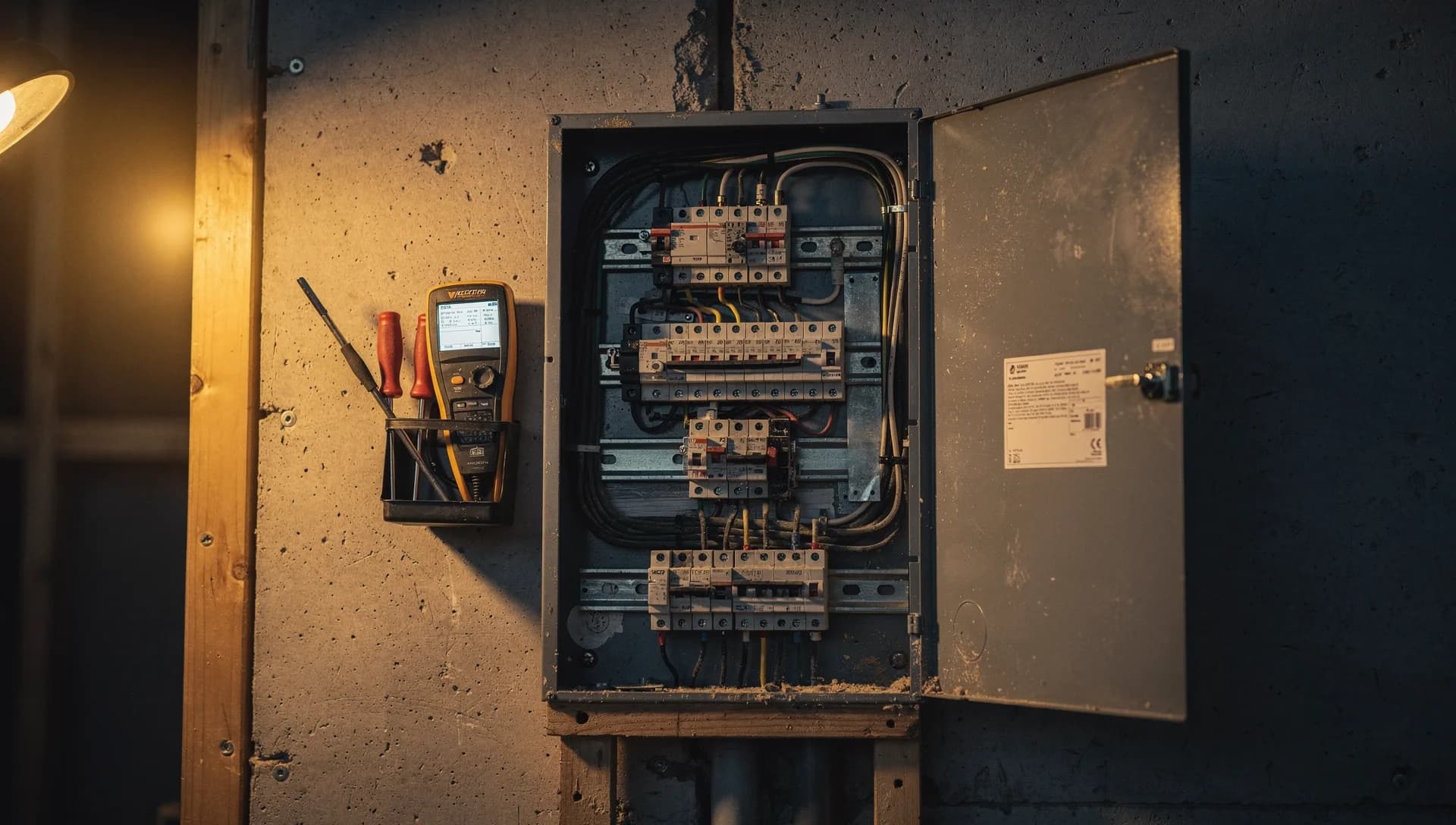Electrical tools beside an open panel at an evening jobsite