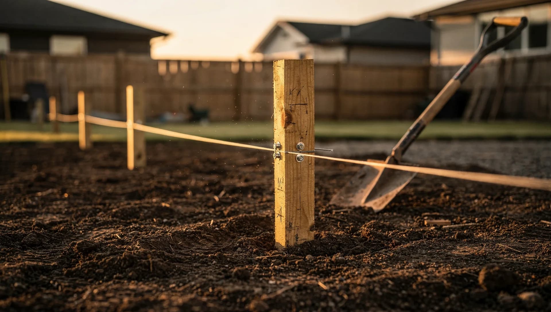 Fence posts and layout string marking a straight line across a yard
