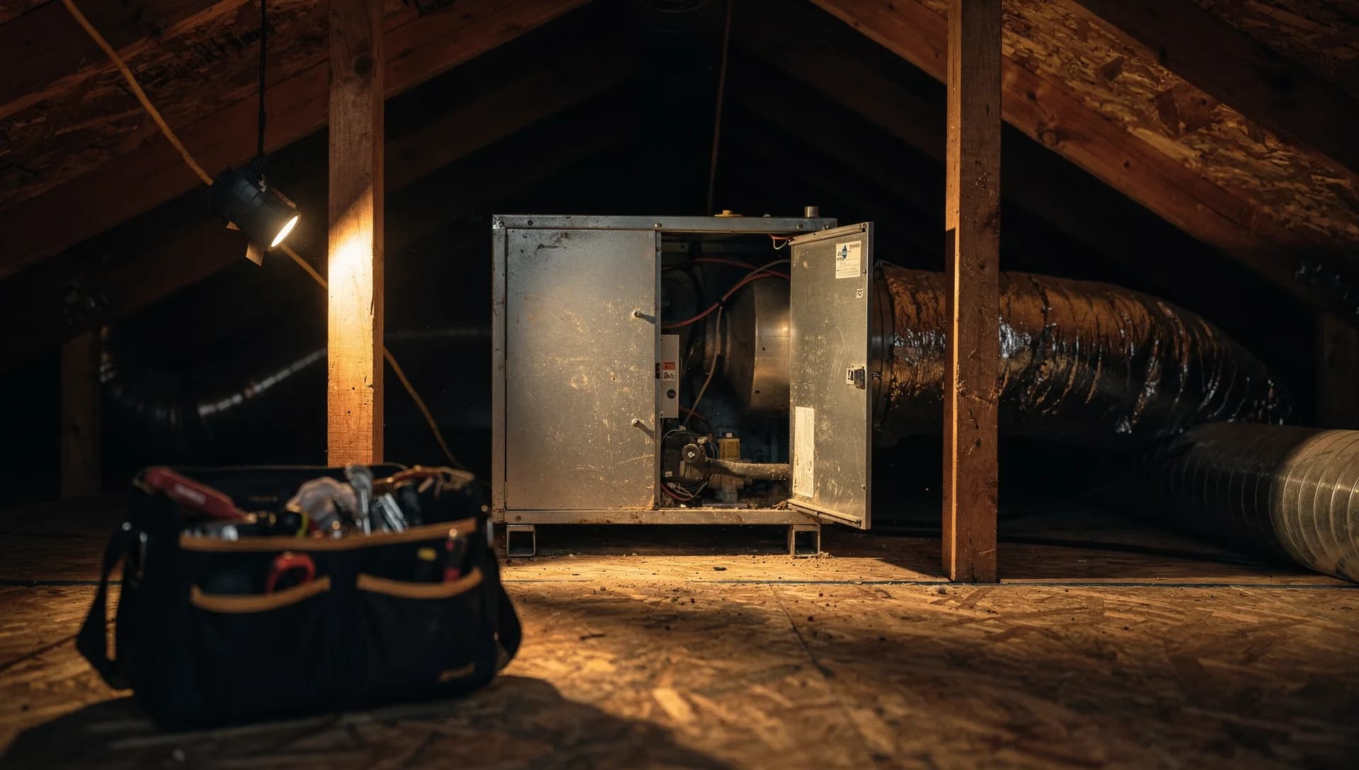 HVAC service tools arranged beside an open attic unit
