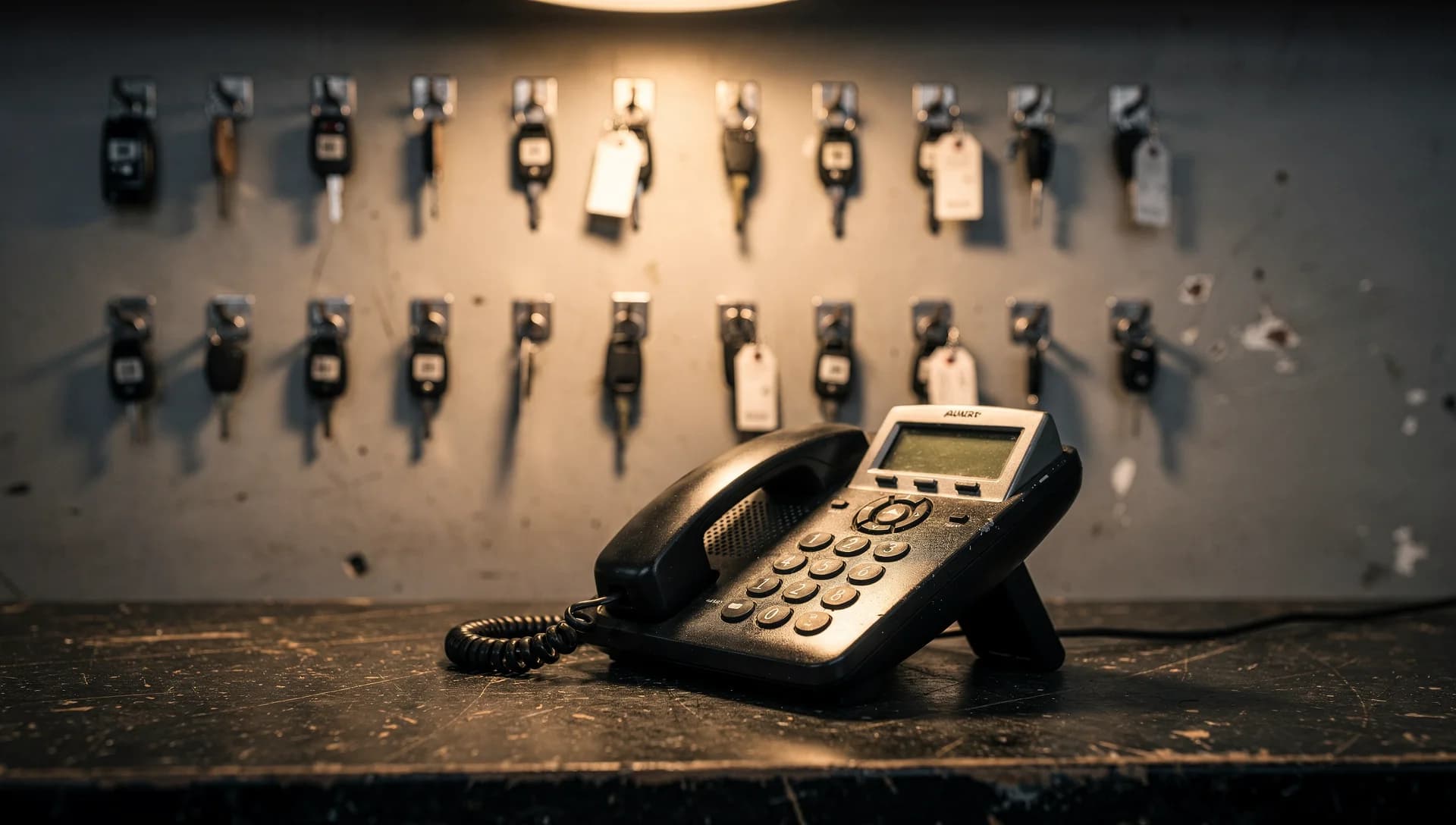 A corded desk phone on a dark counter before a wall of tagged keys on hooks