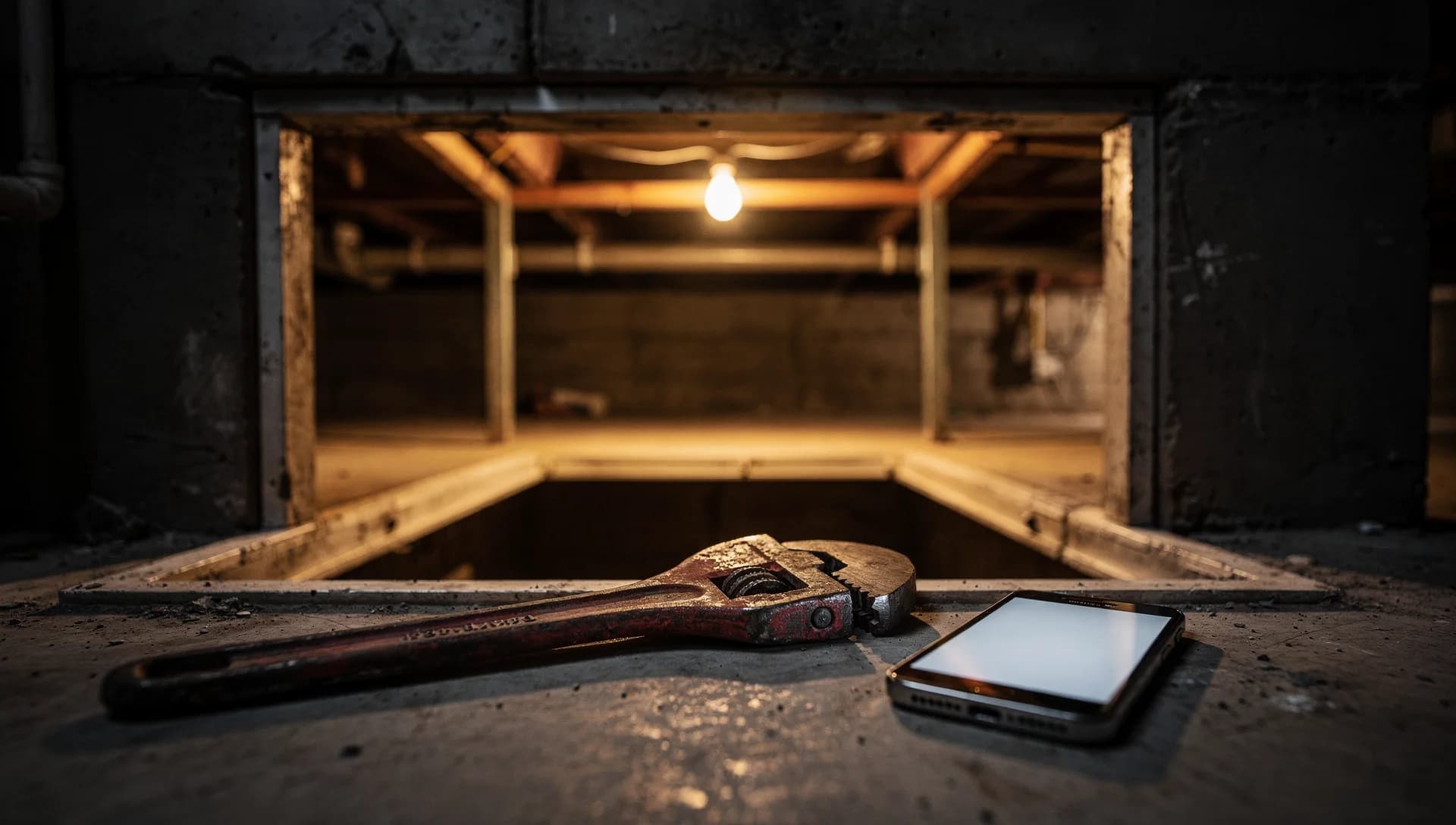 Plumbing tools and a work light staged at an open crawl space access