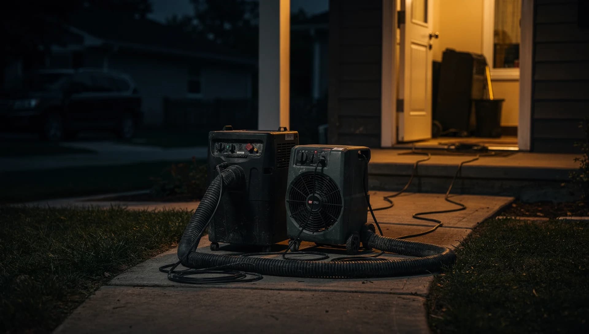 Restoration drying equipment staged outside a home during a night call