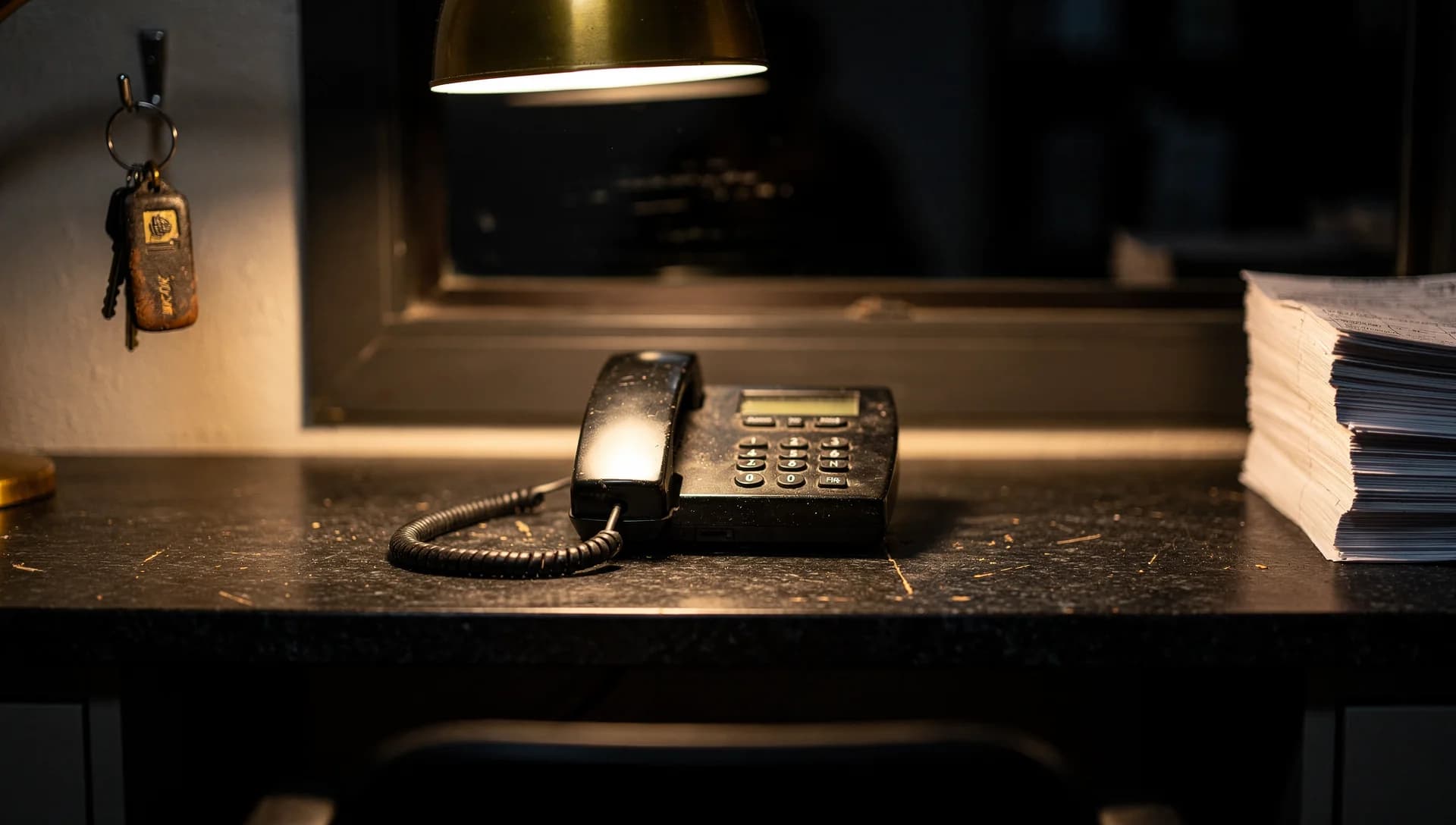 A corded desk phone under a brass lamp beside a tall stack of papers on a dark desk