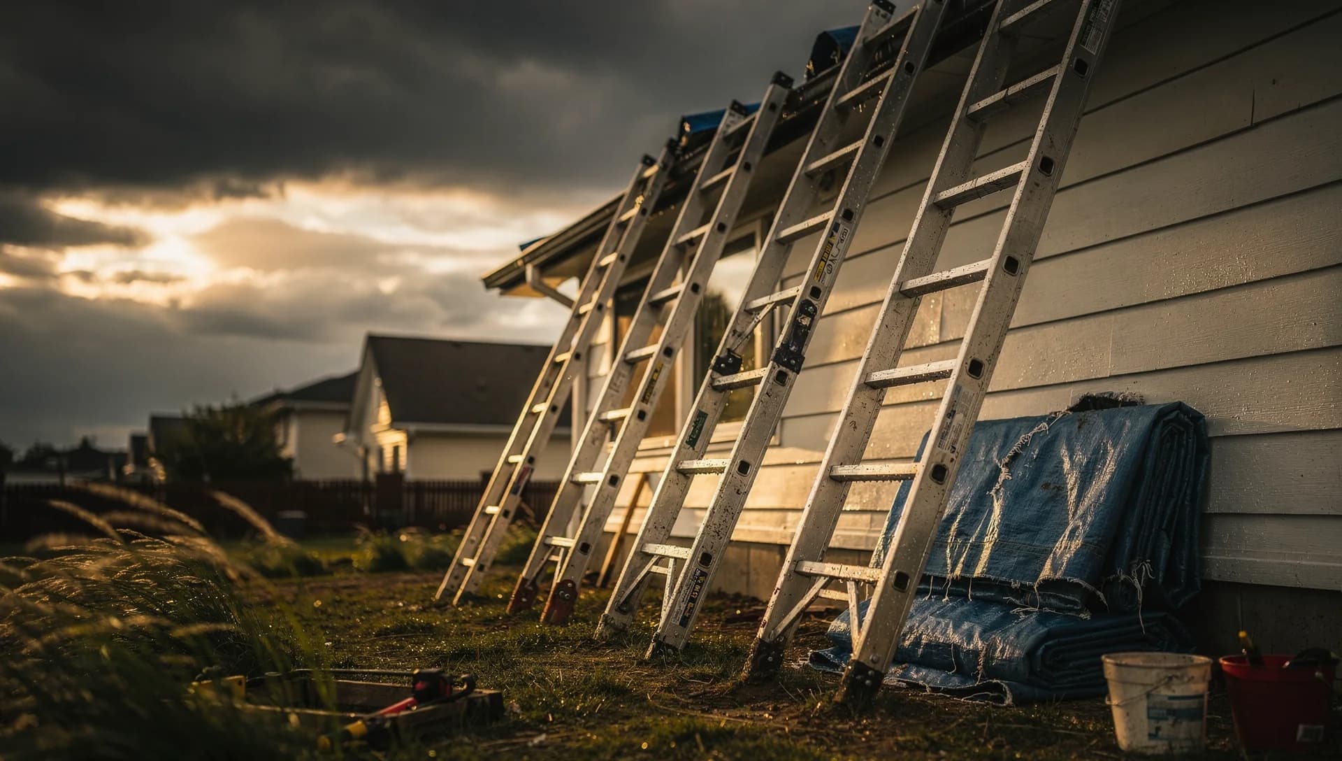 Roofing ladders and tarps staged against a darkening storm sky