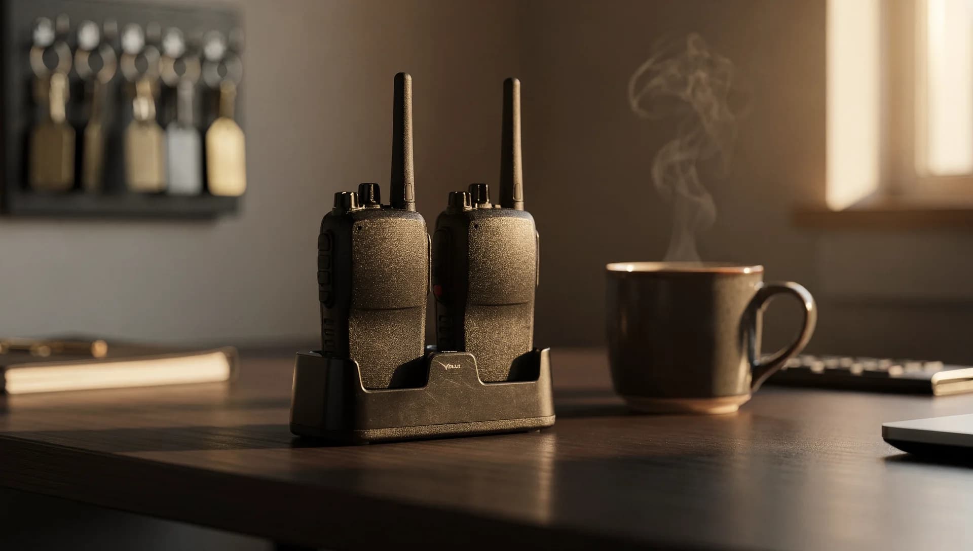 Two handheld radios in a charging dock beside a steaming mug in morning light