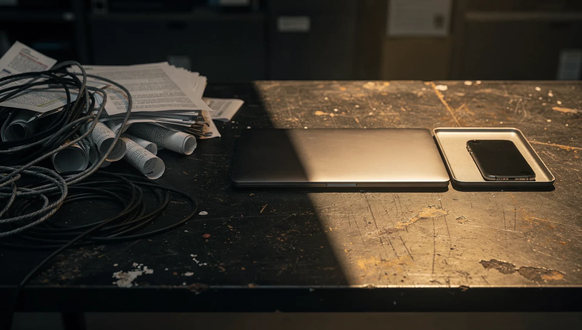 Workshop office shifting from paper clutter to an organized dark desk