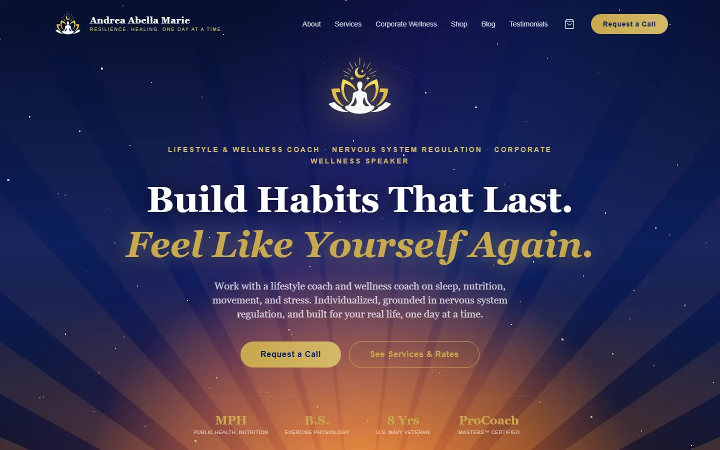 Website hero reading Build Habits That Last. Feel Like Yourself Again. under a gold lotus emblem on a sunrise gradient