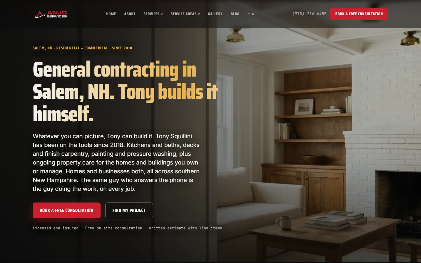 Website hero reading General contracting in Salem, NH. Tony builds it himself. over a warm interior with built-in shelving