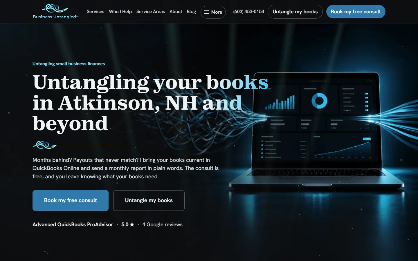 Website hero reading Untangling your books in Atkinson, NH and beyond over a dark screen beside a glowing laptop dashboard with flowing blue data strands
