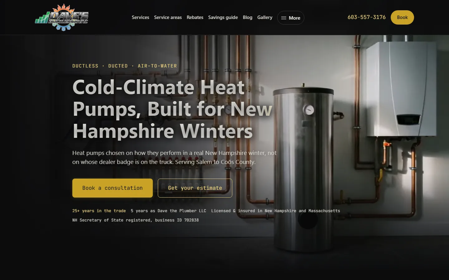 Website hero reading Cold-Climate Heat Pumps, Built for New Hampshire Winters beside a wall-mounted heat pump unit