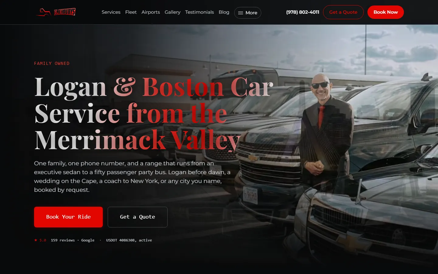 Website hero reading Logan and Boston Car Service from the Merrimack Valley beside a chauffeur at a black SUV